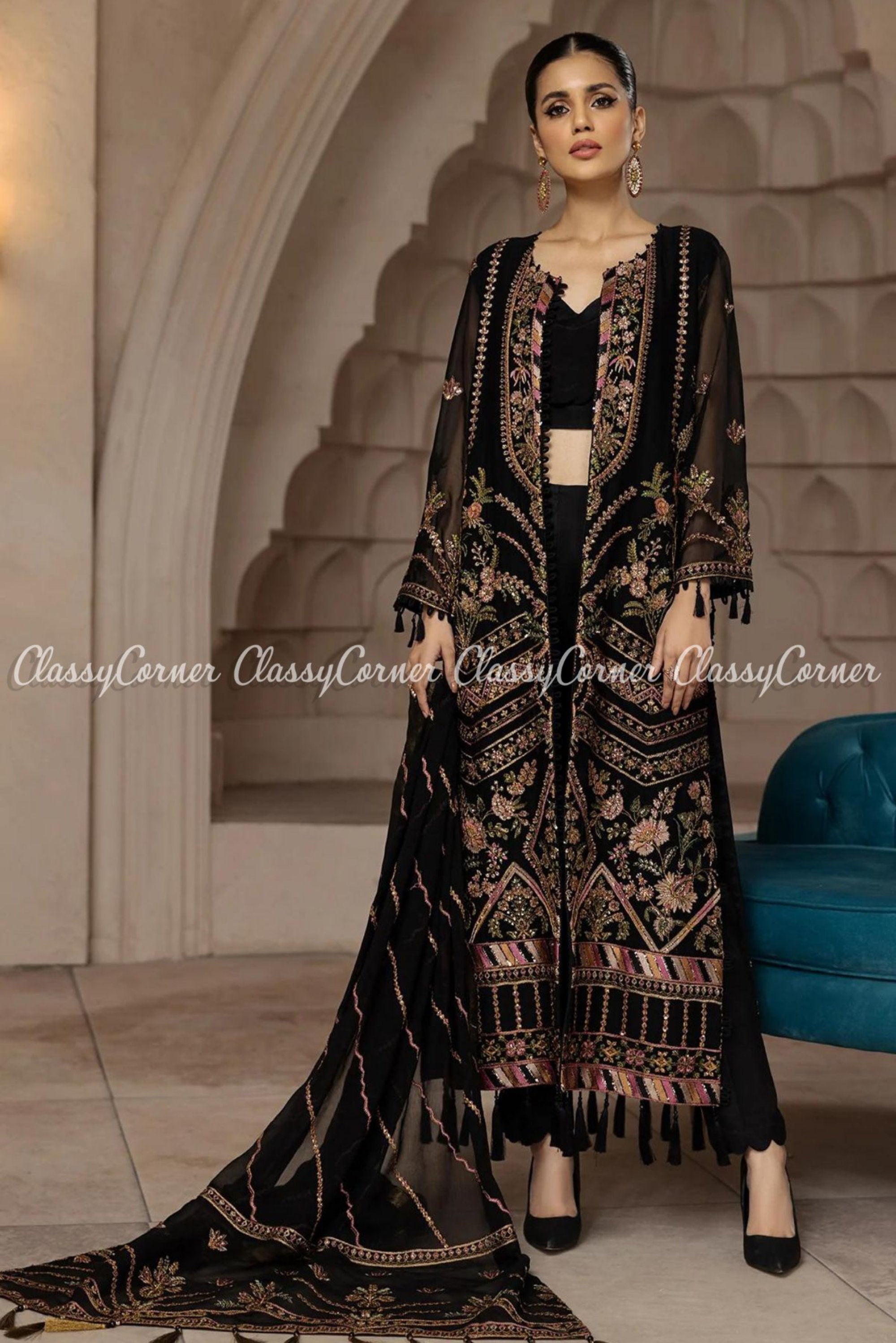 Black Golden Chiffon Embroidered Party Wear Salwar Kameez Outfits - Classy Corner