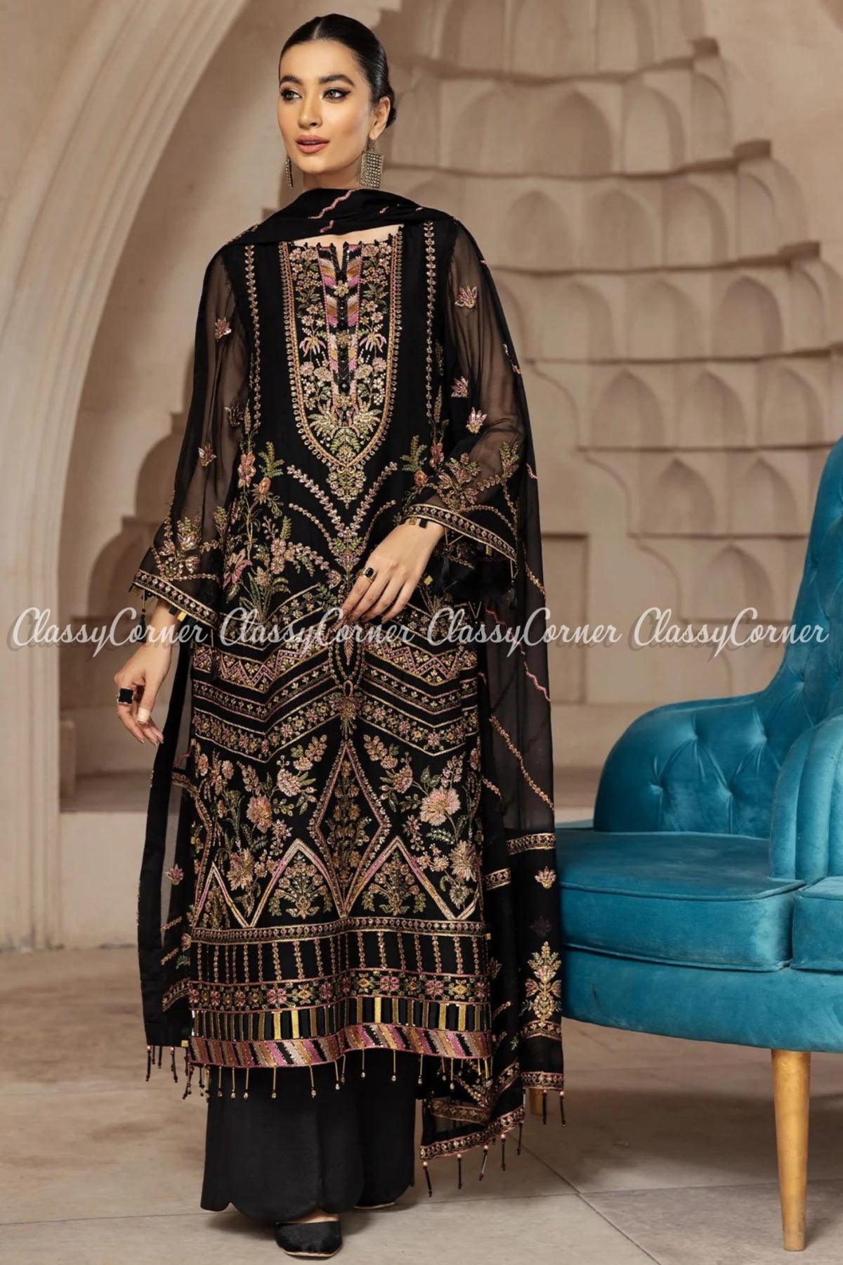 Black Golden Chiffon Embroidered Party Wear Salwar Kameez Outfits - Classy Corner