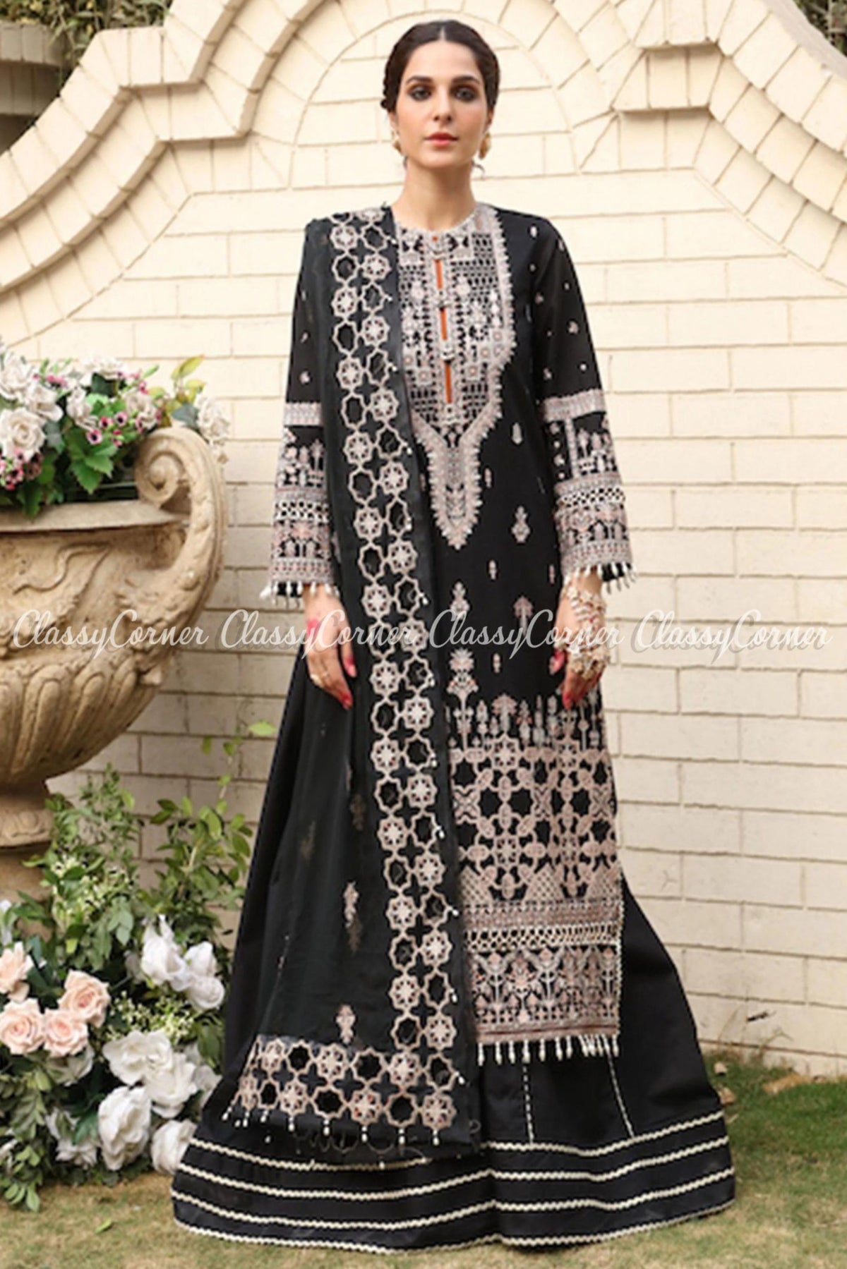 Pakistani Black Golden Lawn Embroidered Sharara Dress