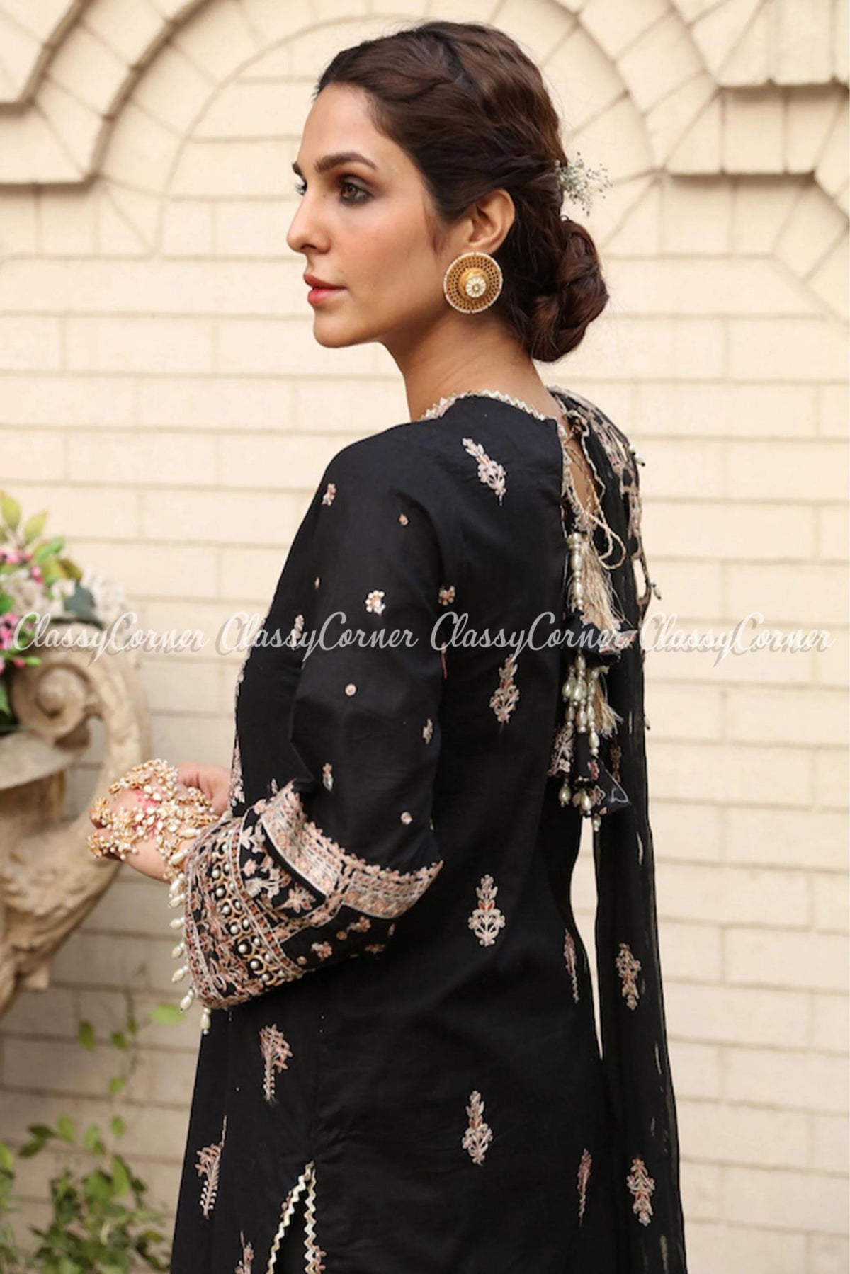 Pakistani Black Golden Lawn Embroidered Sharara Dress