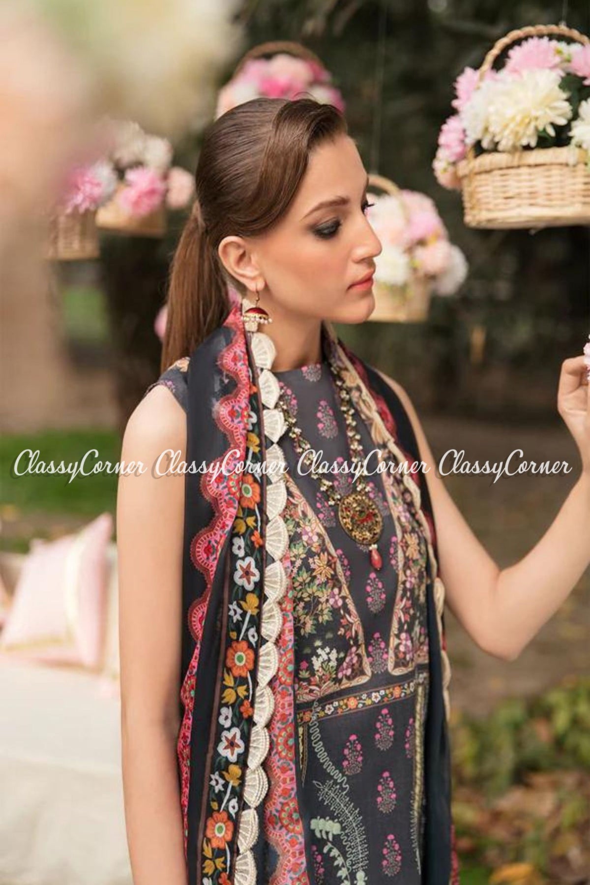 Black Multicolor Lawn Organza Embroidered Salwar Kameez