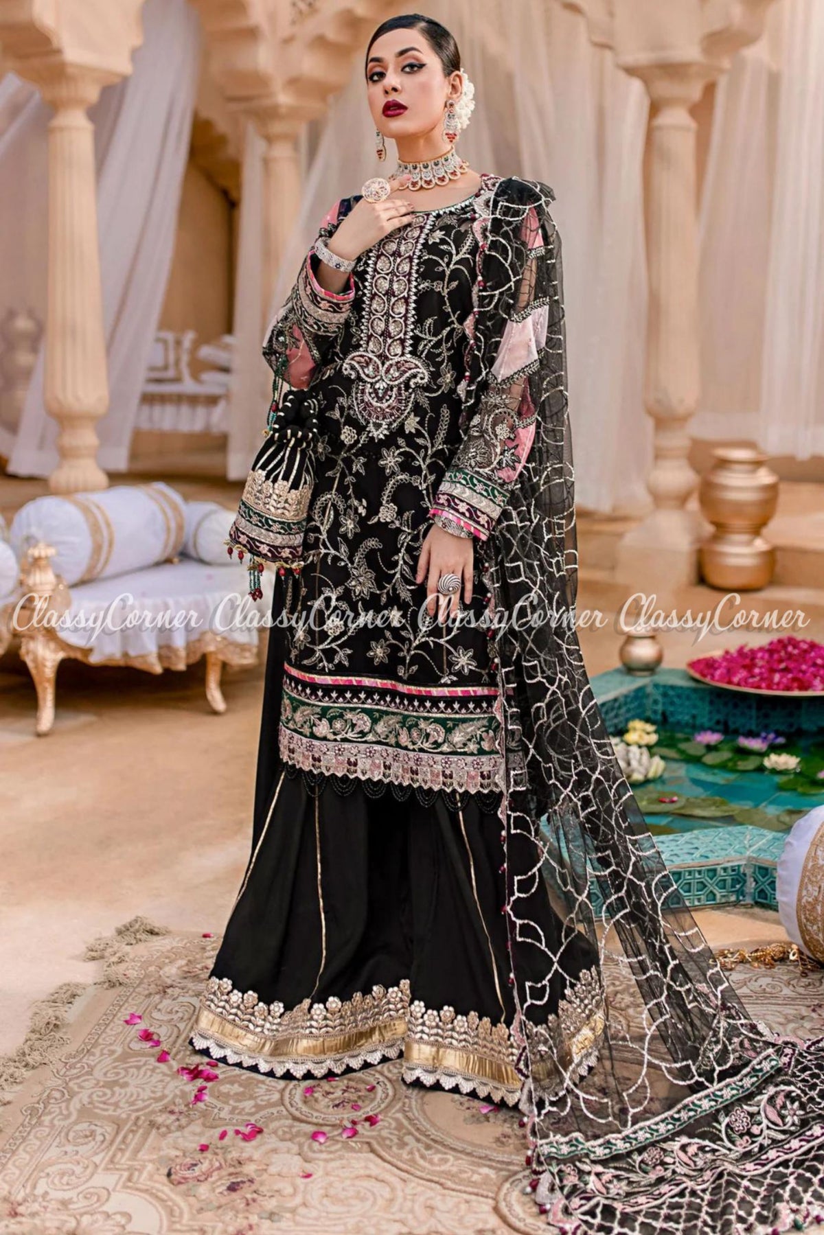 Black Multicolor Net Embroidered Party Wear Gharara Dress