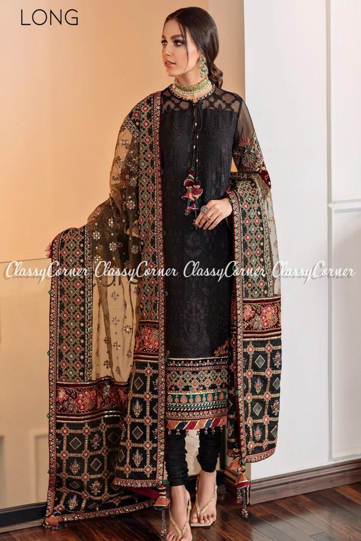 Pakistani Black Multicolor Chiffon Embroidered Sharara Salwar Kameez