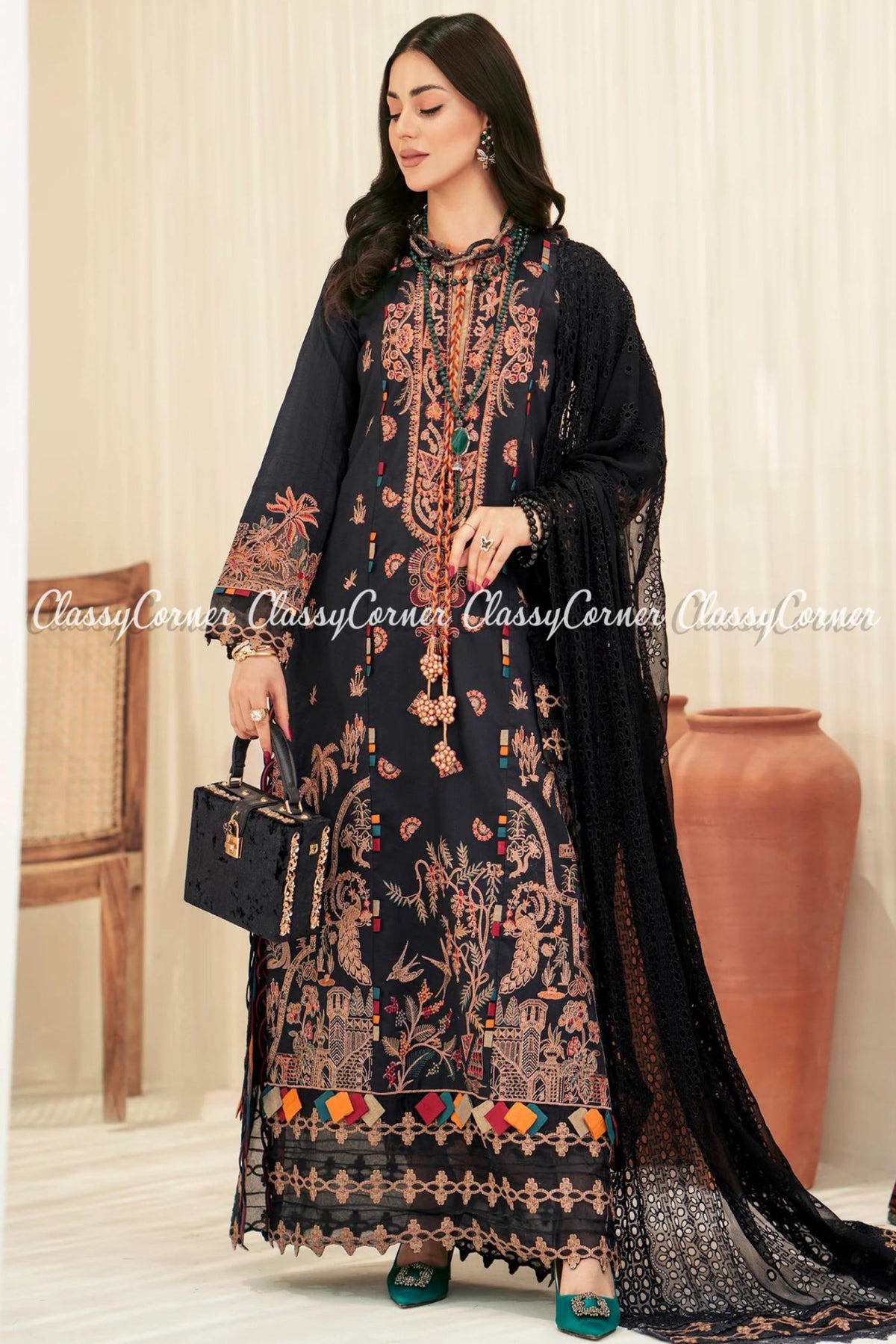 Black Multicolor Lawn Embroidered Pakistani Formal Wear Dress