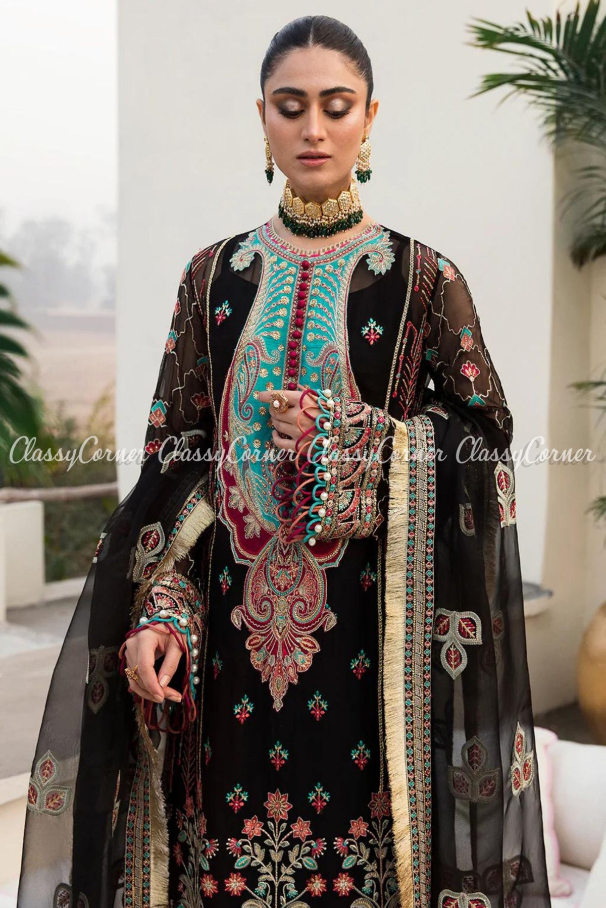 Black Multicolor Chiffon Embroidered Party Wear Salwar Kameez
