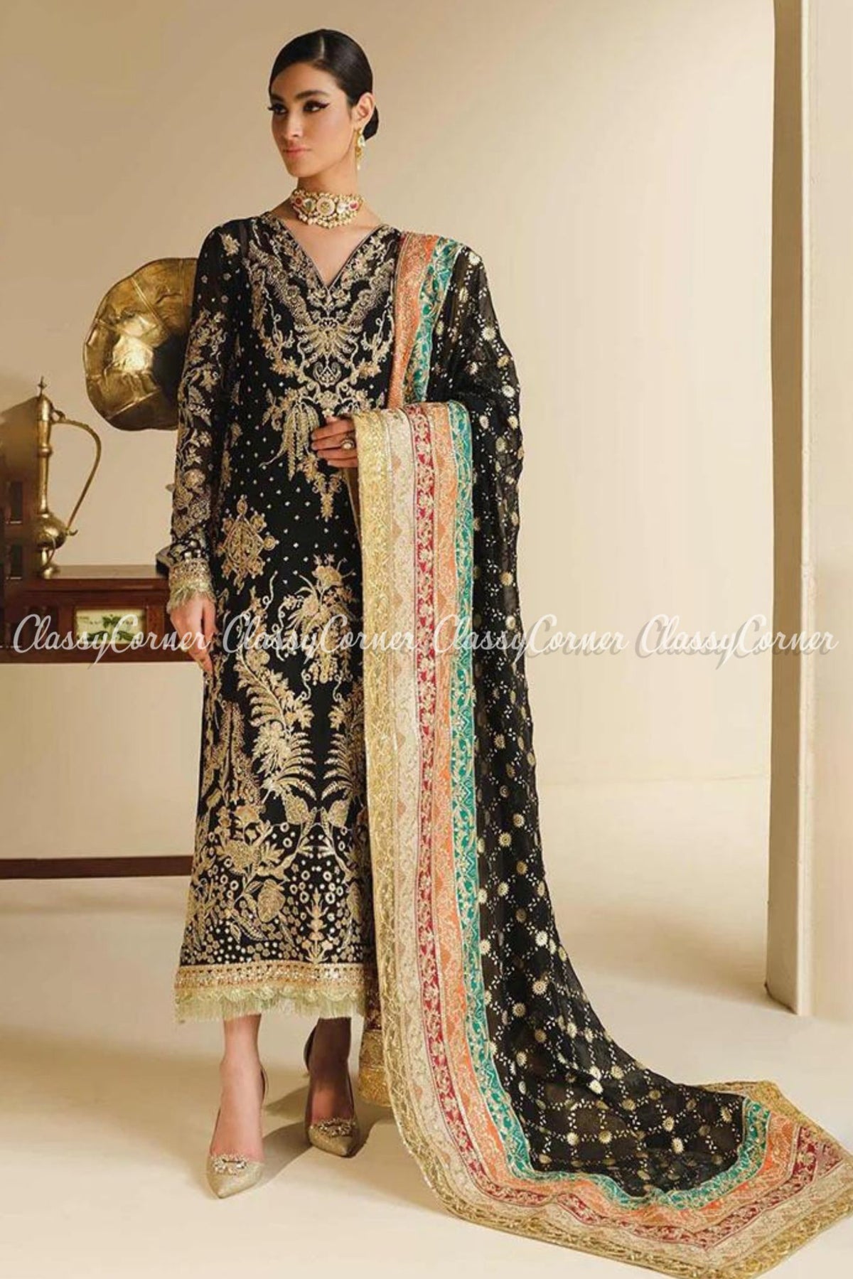 Black Golden Multicolor Embellished Party Wear Salwar Kameez