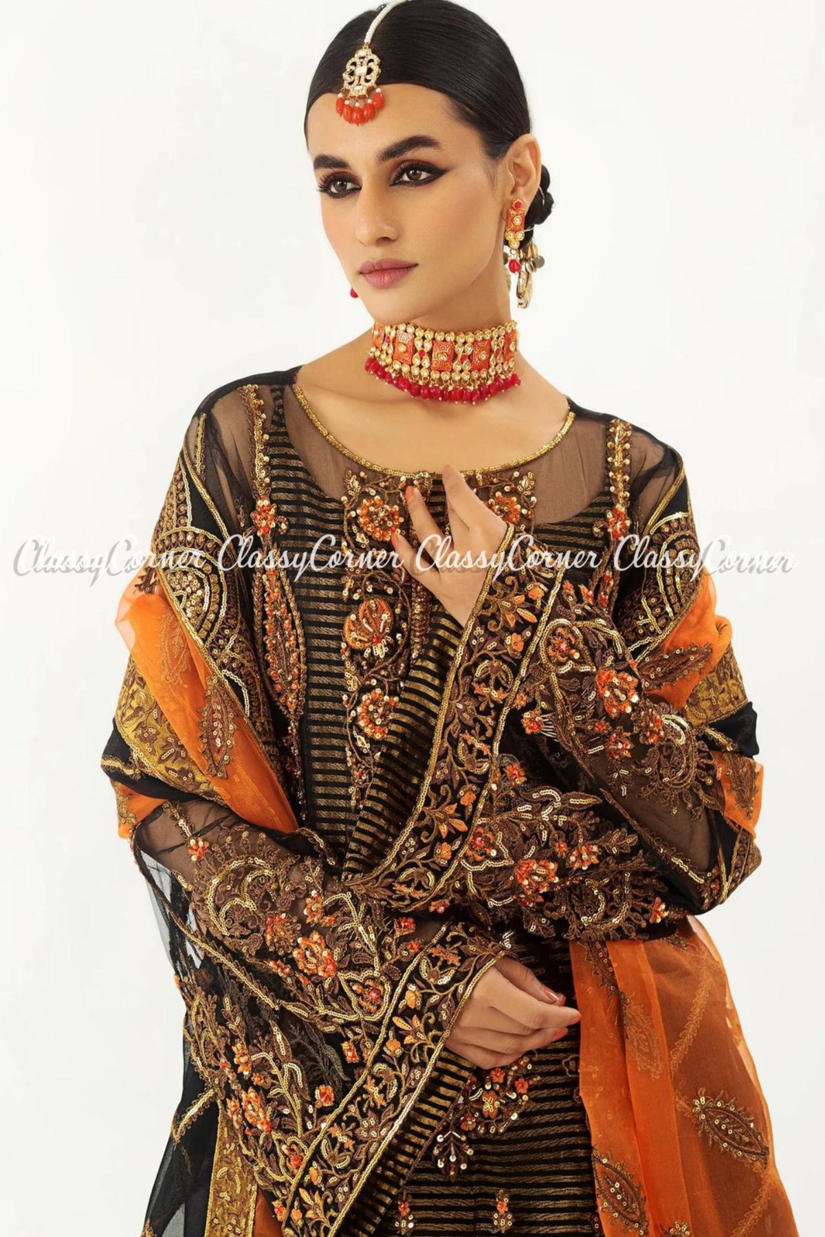 Black Orange Net Embellished Party Wear Salwar Kameez