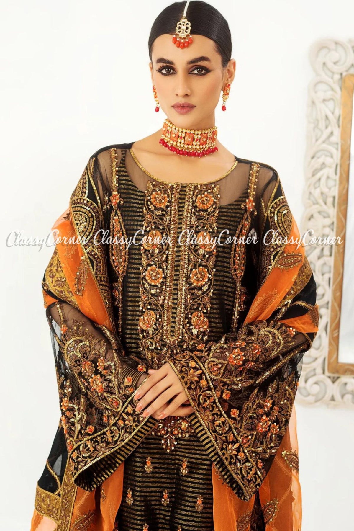 Black Orange Net Embellished Party Wear Salwar Kameez