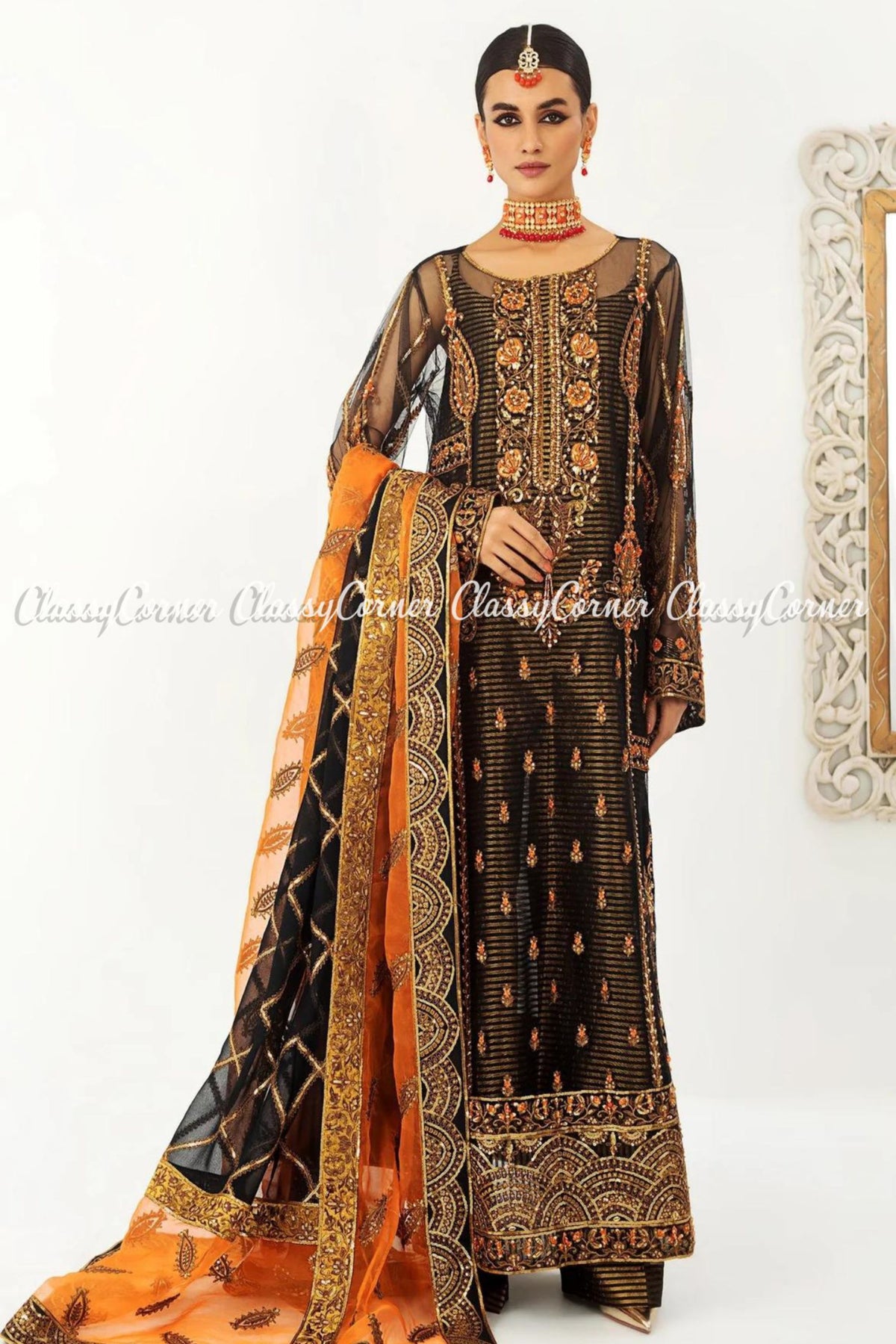 Black Orange Net Embellished Party Wear Salwar Kameez