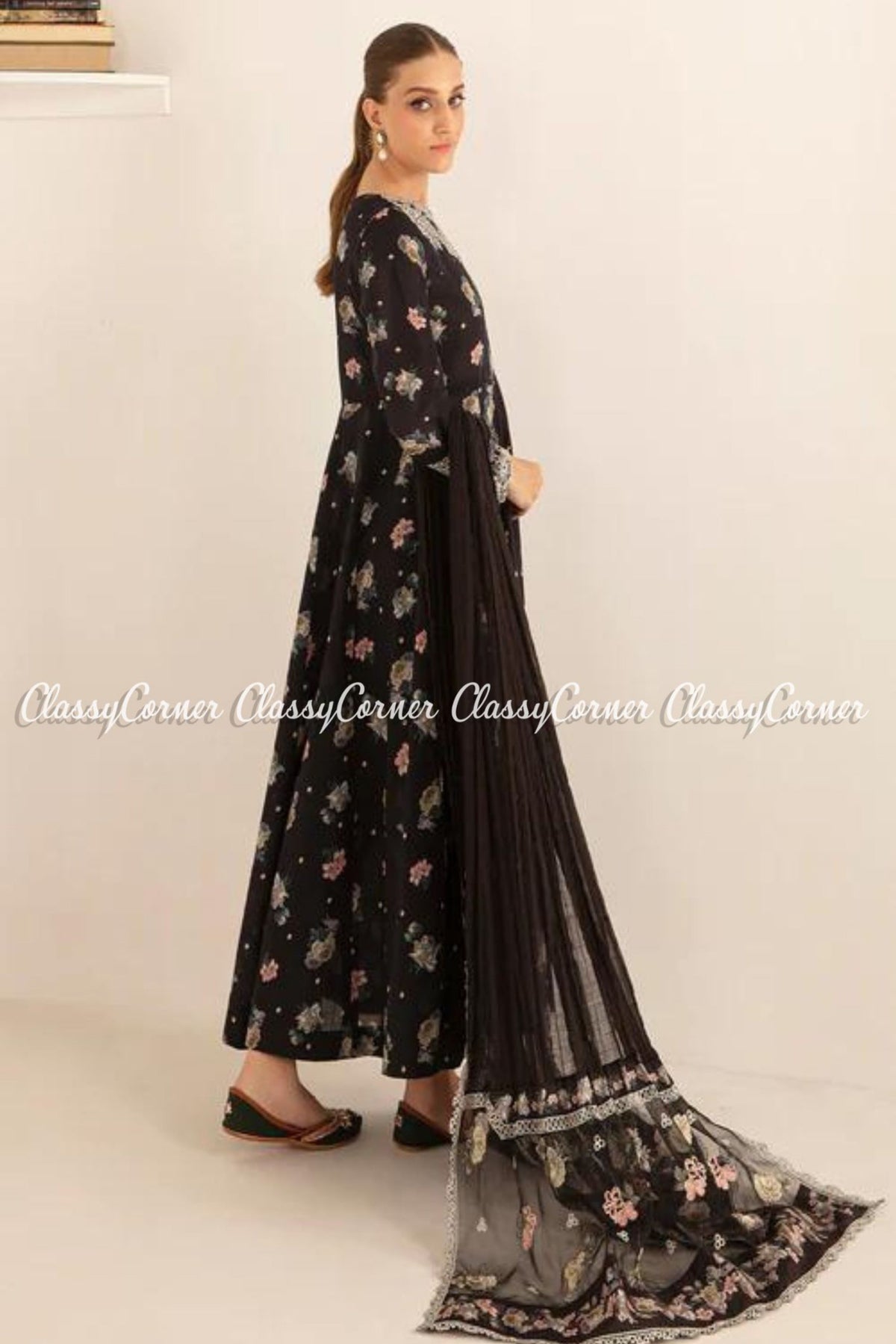 Black Digital Printed Pakistani Formal Wear Frock Outfit