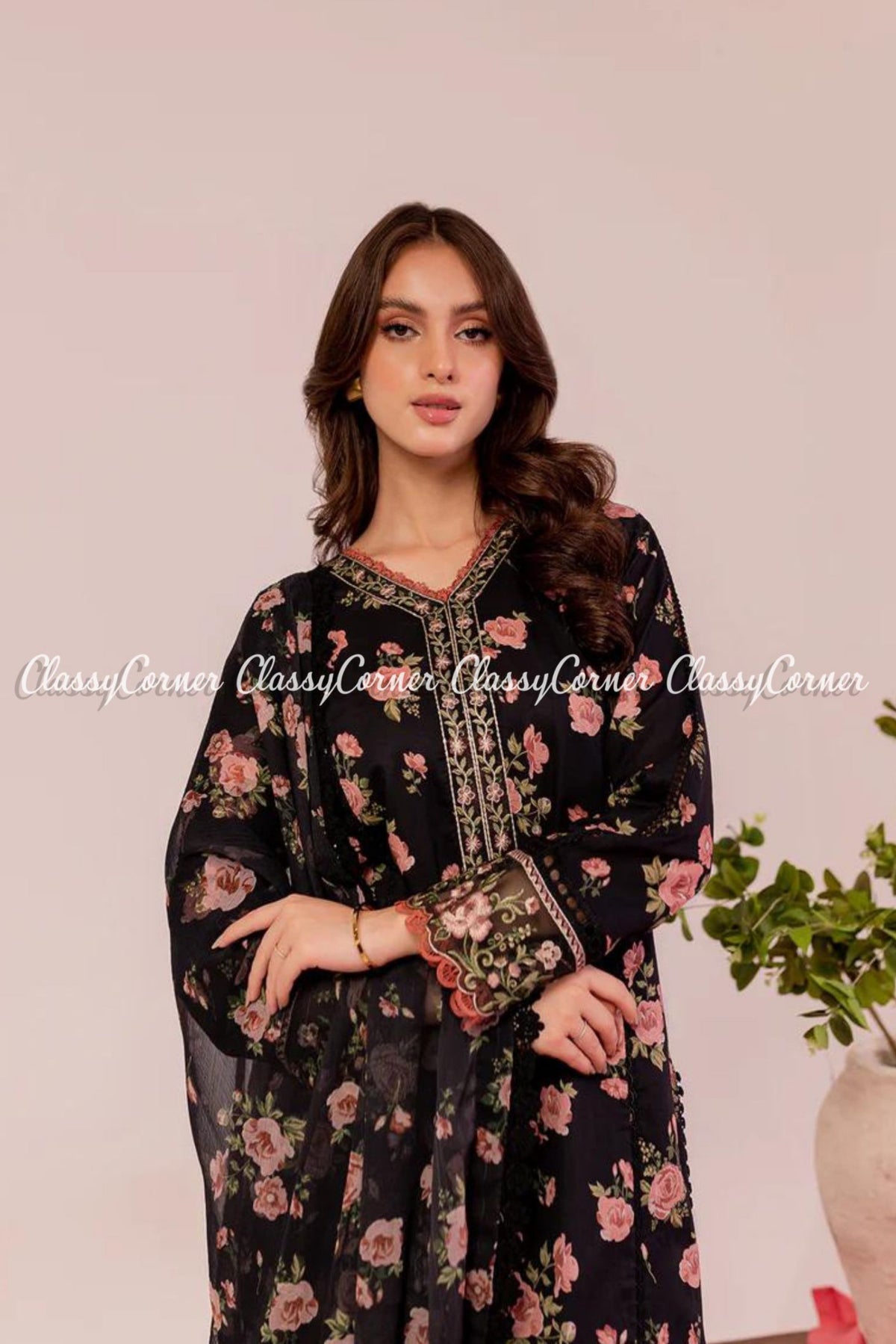 Black Pink Printed Embroidered Lawn 3 Piece Outfit