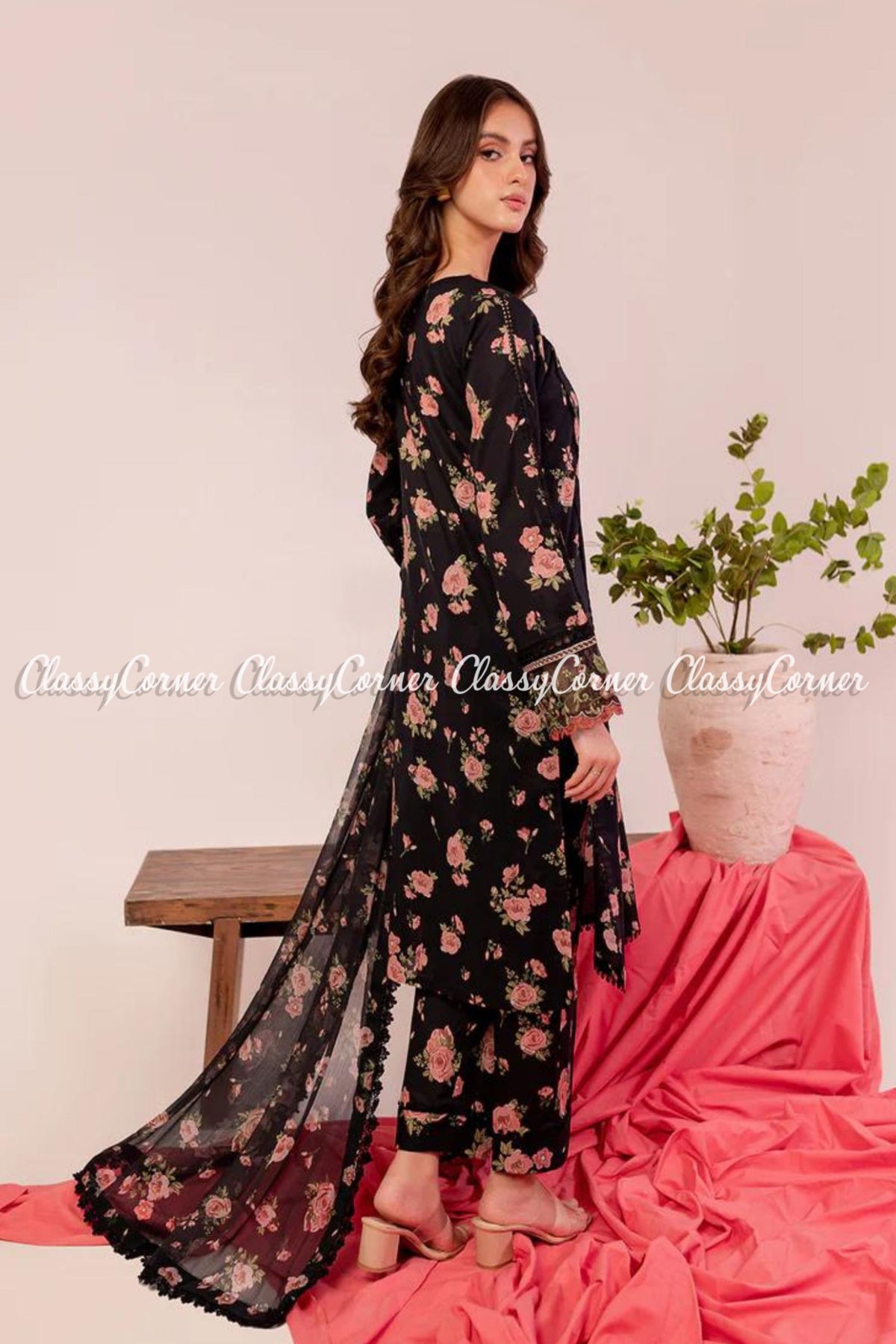 Black Pink Printed Embroidered Lawn 3 Piece Outfit