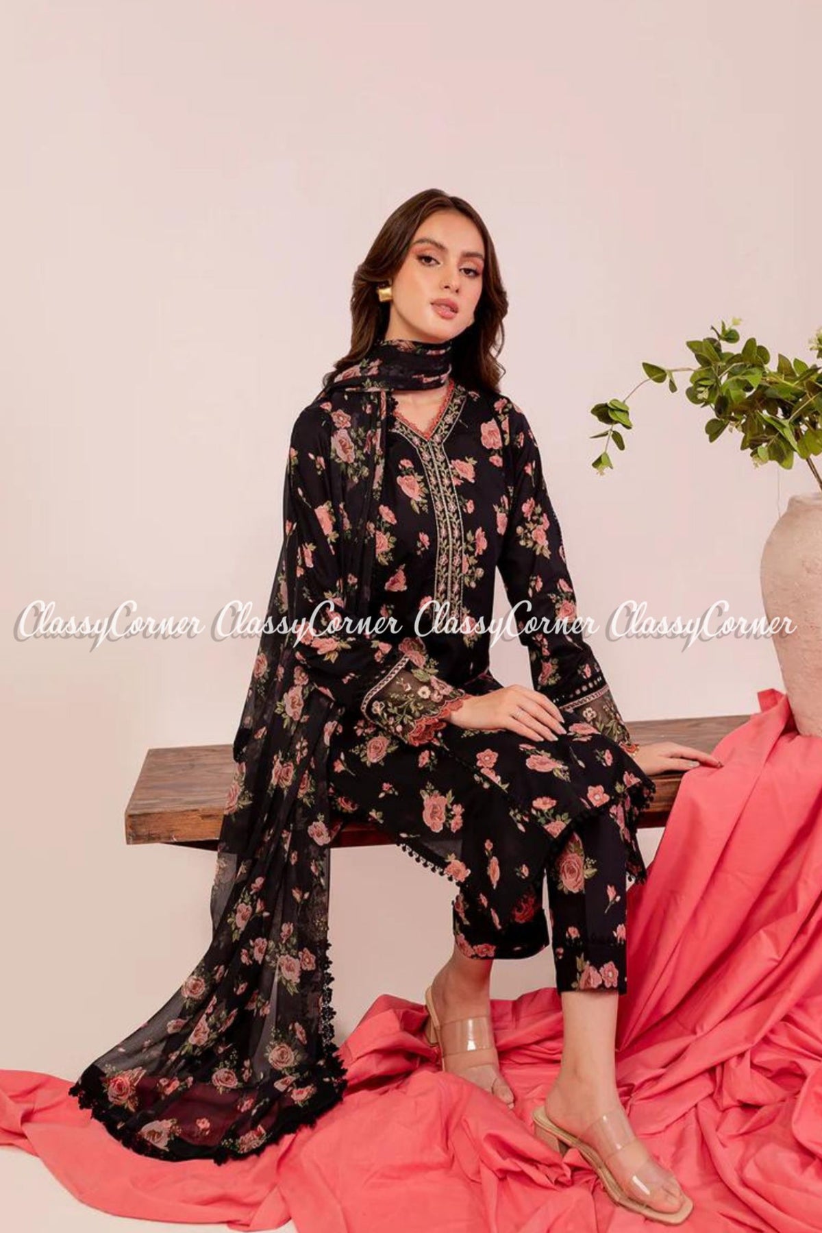 Black Pink Printed Embroidered Lawn 3 Piece Outfit