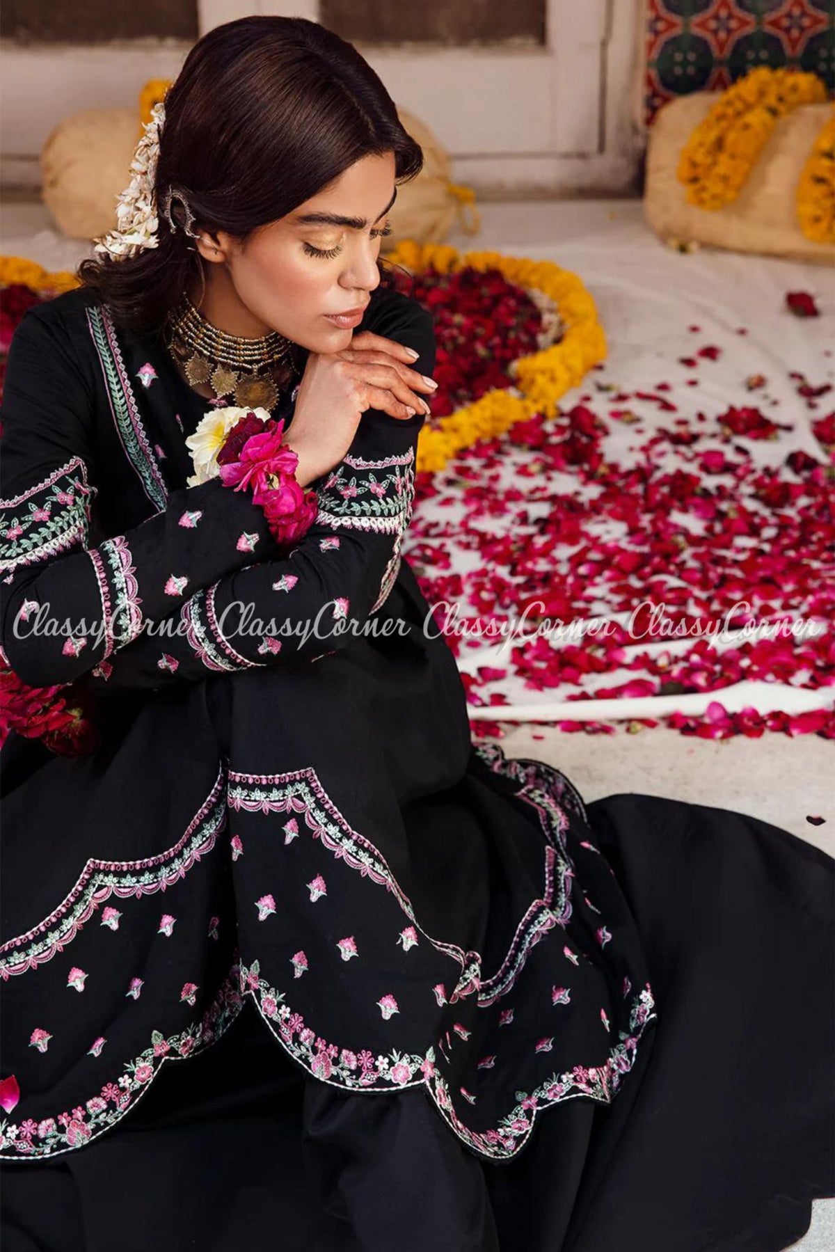 Black Lawn Embroidered Anarkali Style Gharara Dress