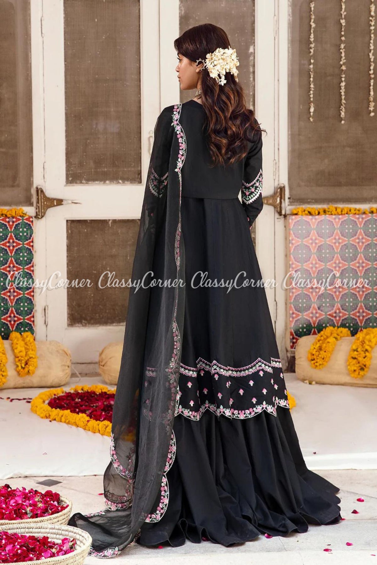 Black Lawn Embroidered Anarkali Style Gharara Dress