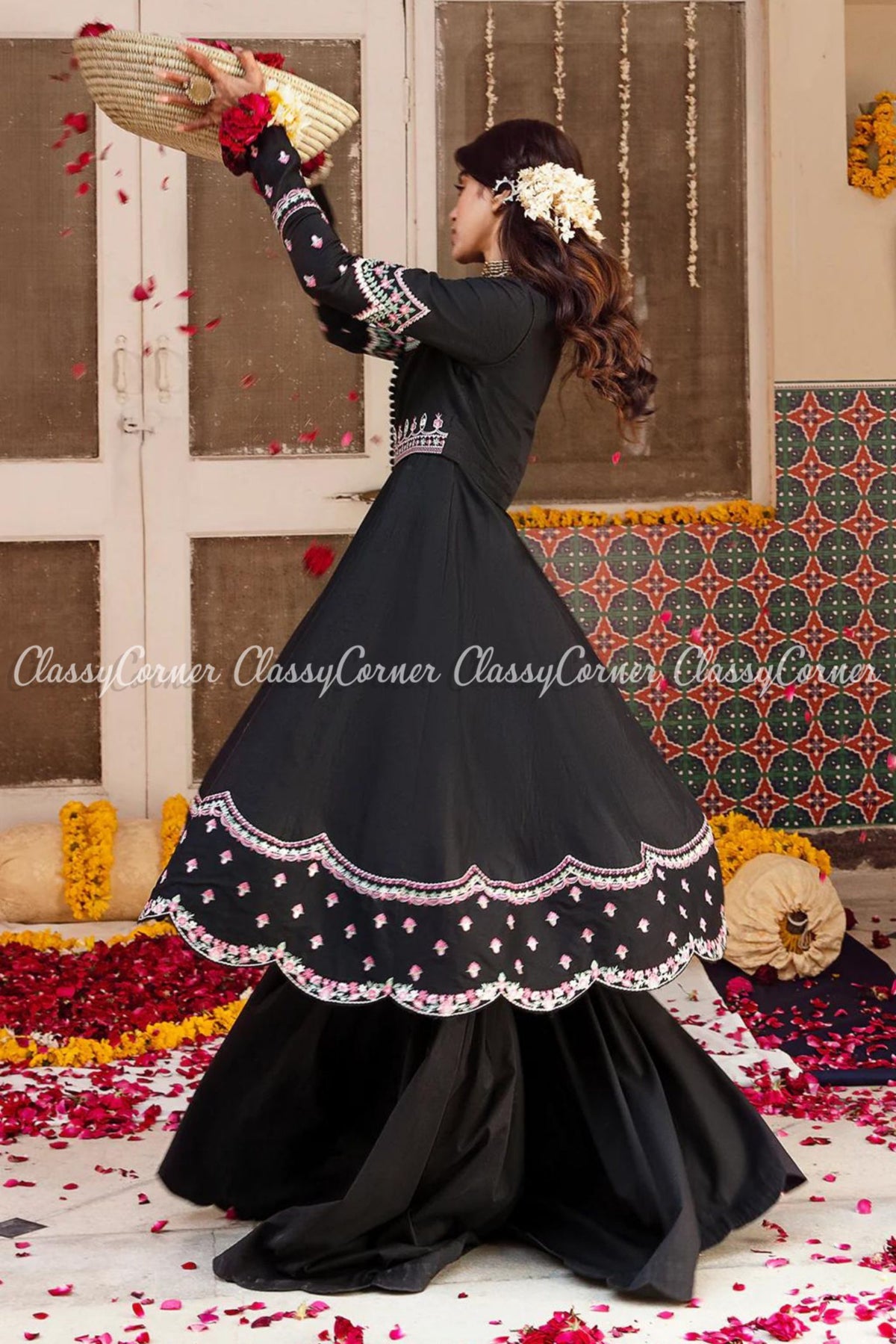 Black Lawn Embroidered Anarkali Style Gharara Dress