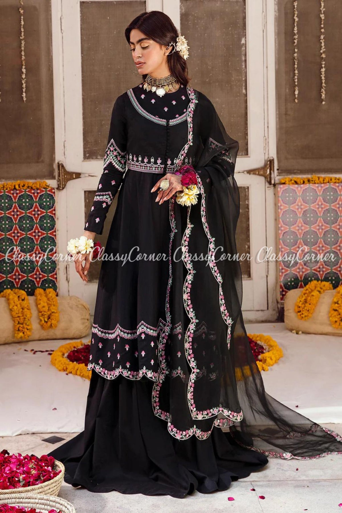 Black Lawn Embroidered Anarkali Style Gharara Dress