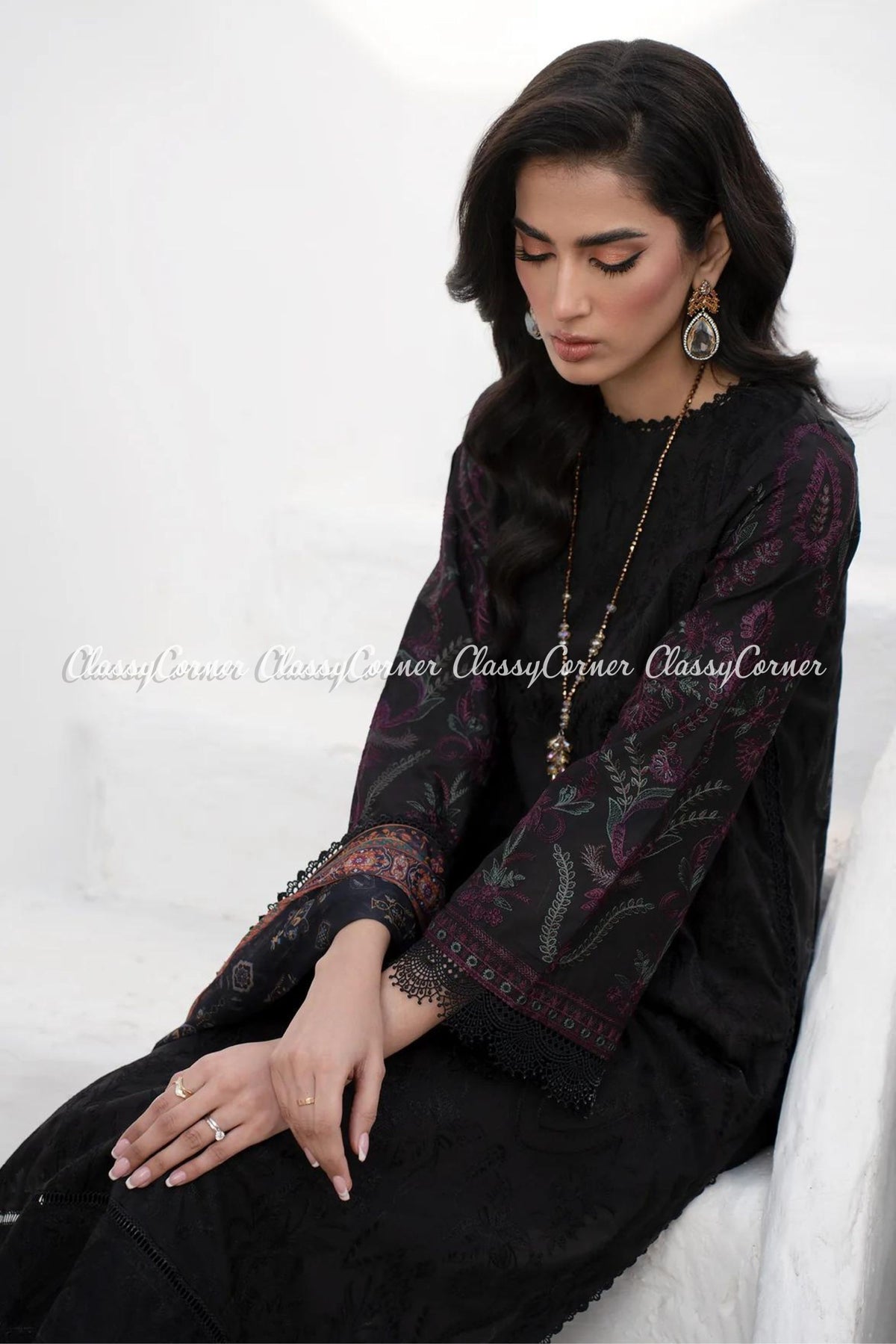 Black Red Lawn Embroidered 3pc Suit