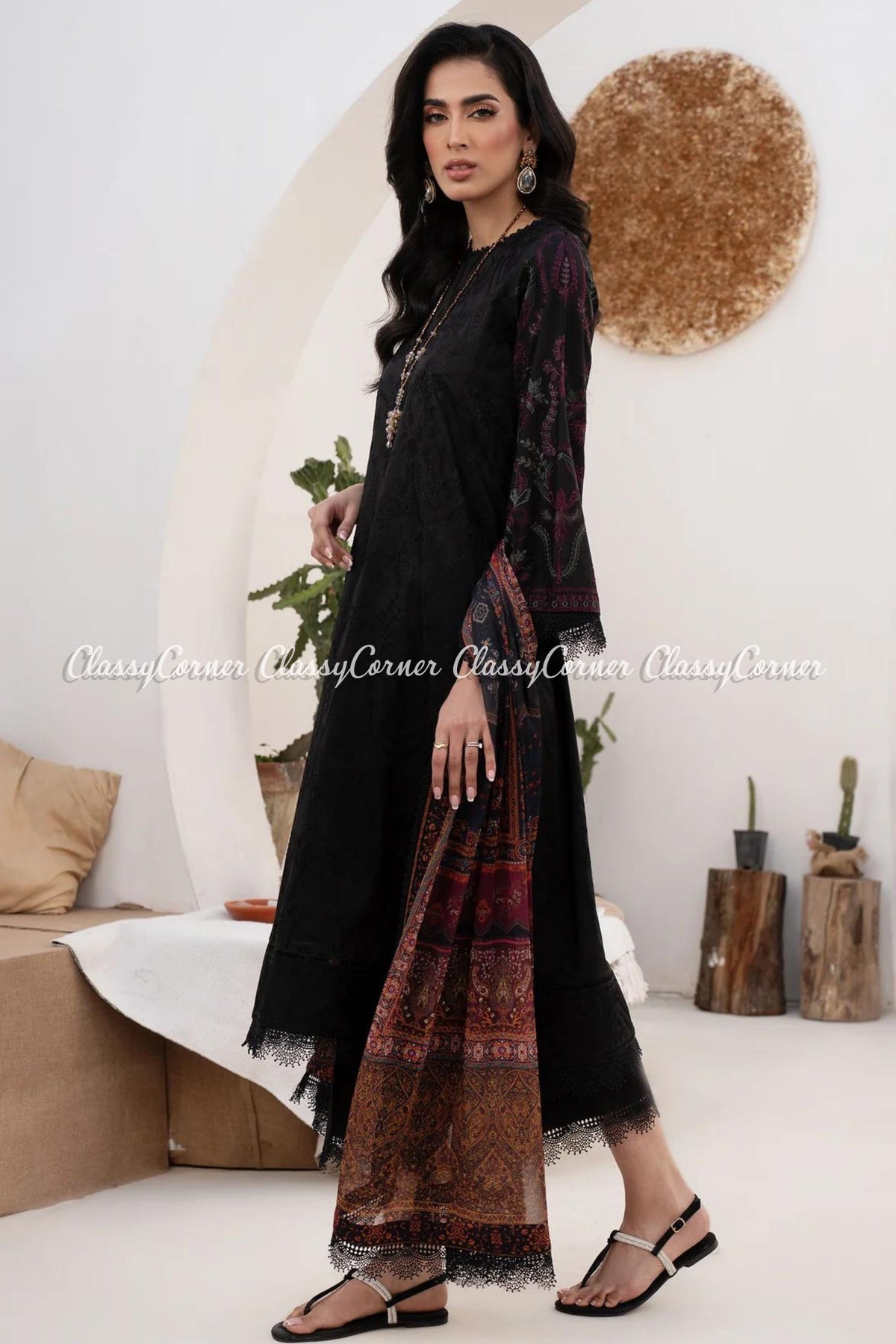 Black Red Lawn Embroidered 3pc Suit