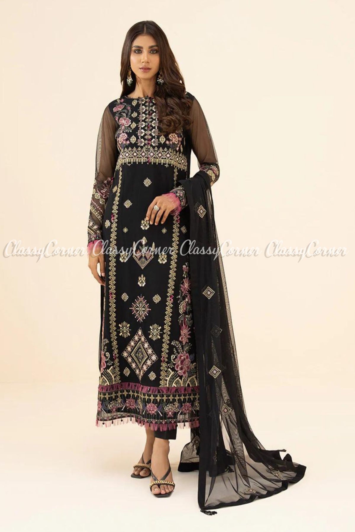 Black Multi Net Embroidered Pakistani Salwar Kameez