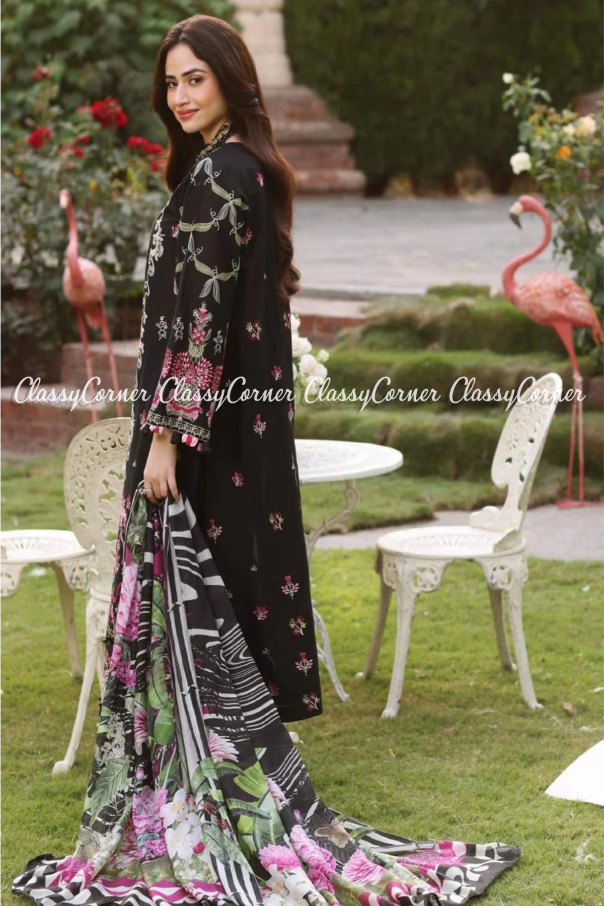 Black Pink Lawn Embroidered Formal Wear Salwar Kameez