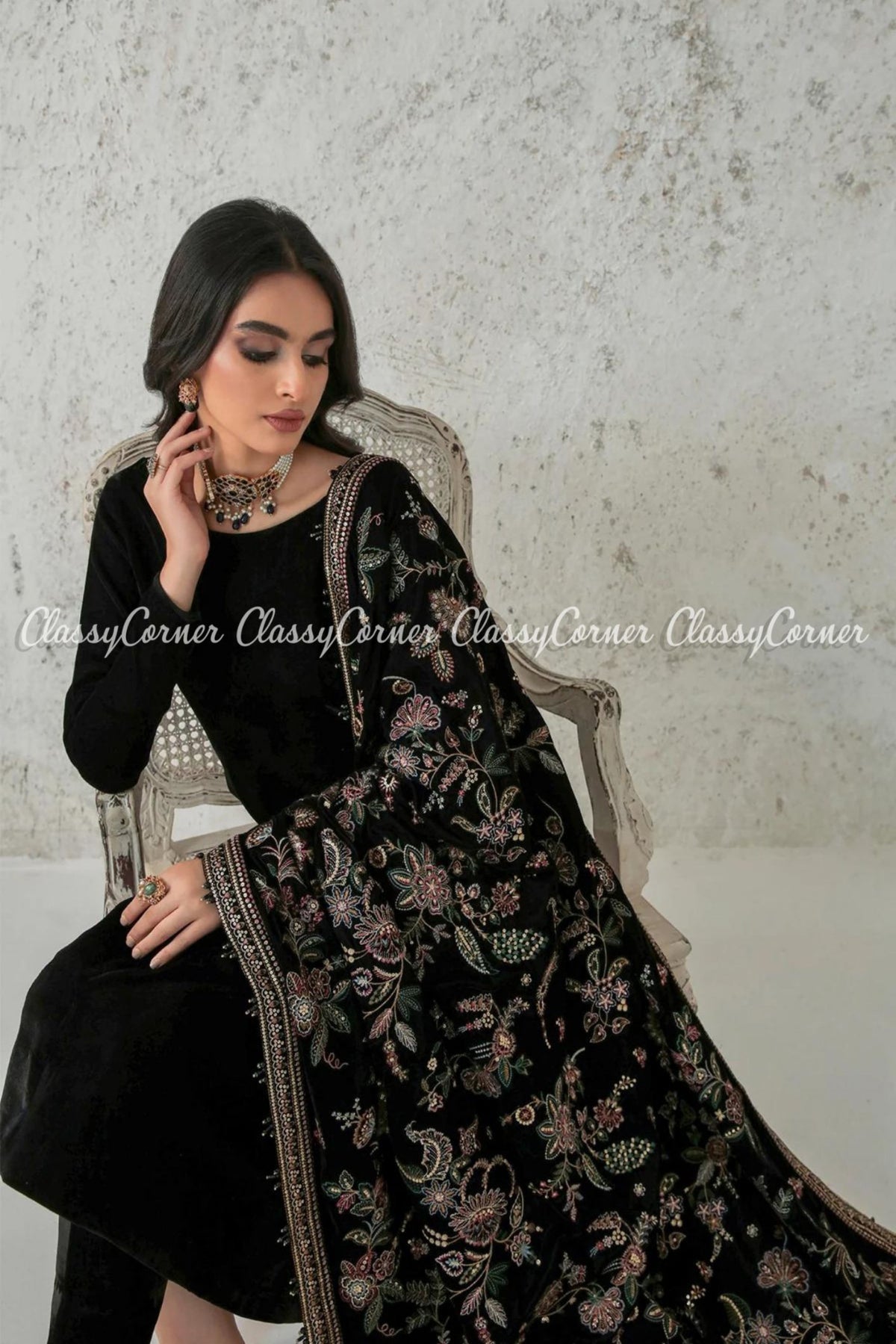 Solid Velvet Black Pakistani Salwar Kameez