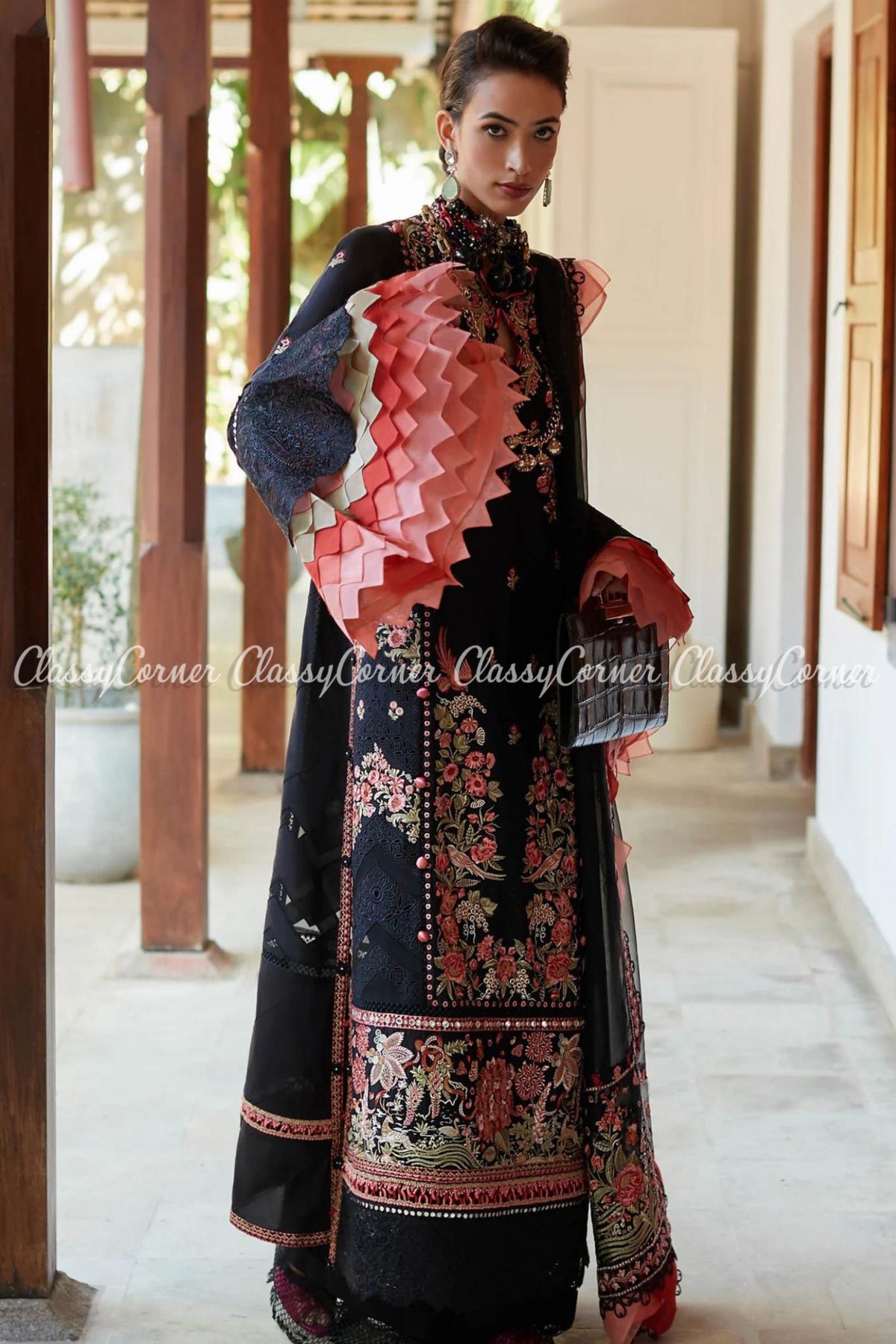 Black Coral Pink Embroidered Lawn Salwar Kameez