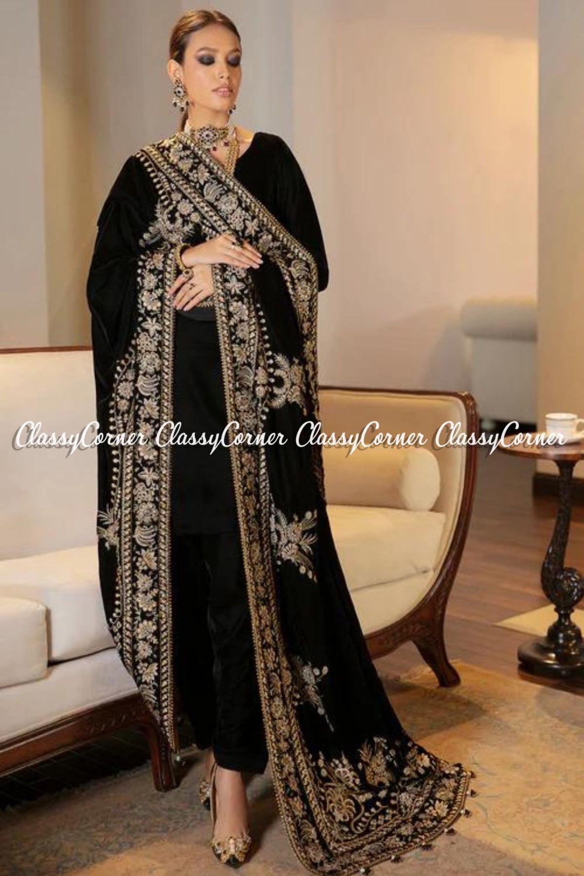 Exclusive Black Golden Velvet Embroidered Shawl