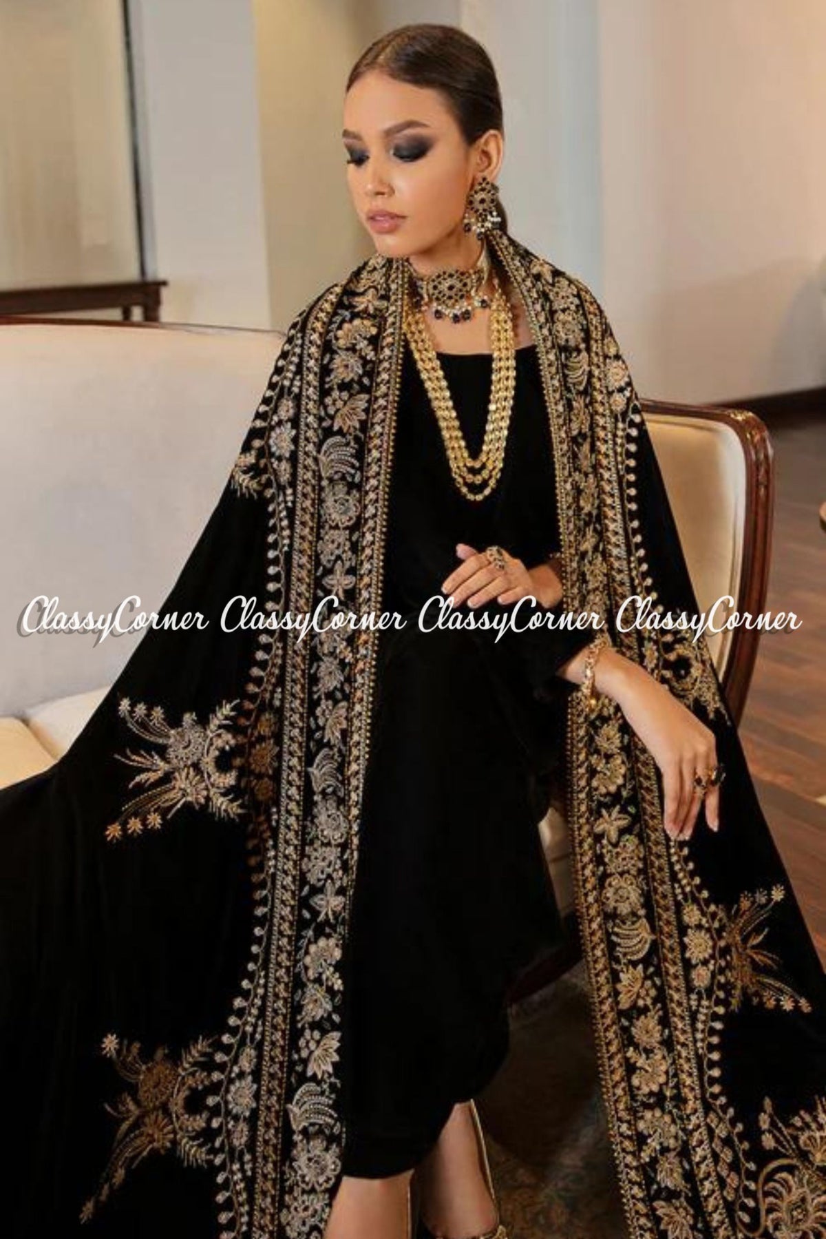 Exclusive Black Golden Velvet Embroidered Shawl