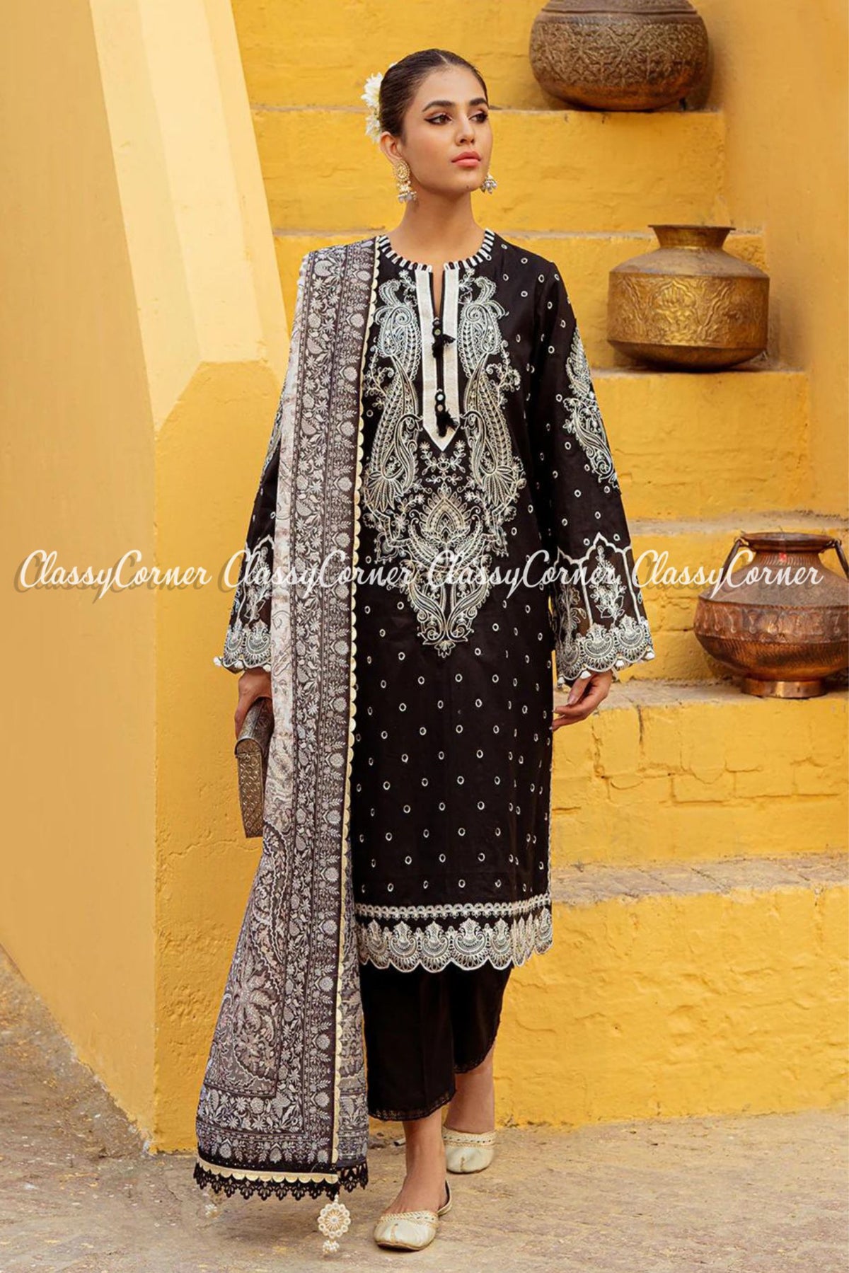 Black White Schiffli Lawn Embroidered Pakistani Salwar Kameez