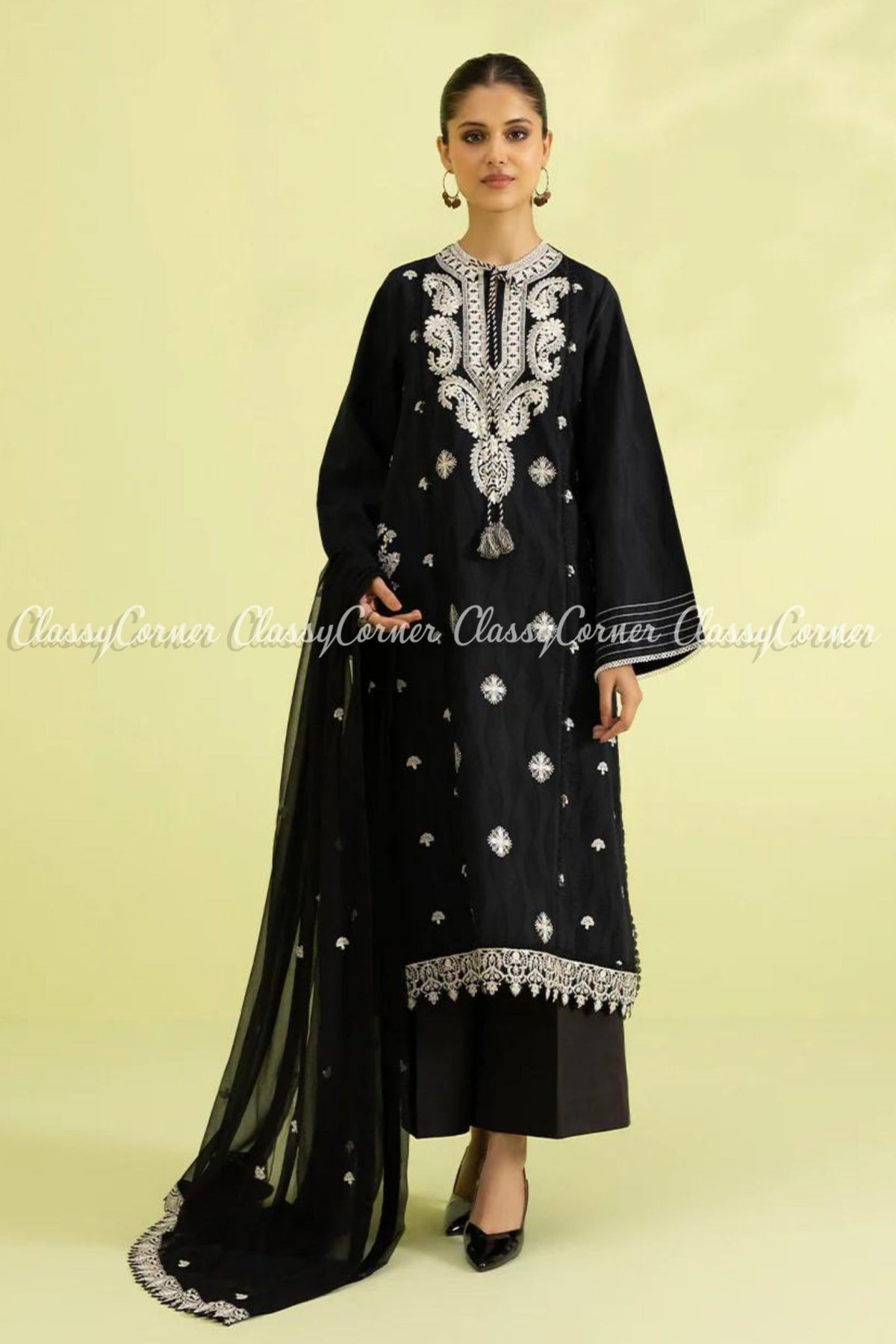 Pakistani Black White Cotton Embroidered Salwar Kameez