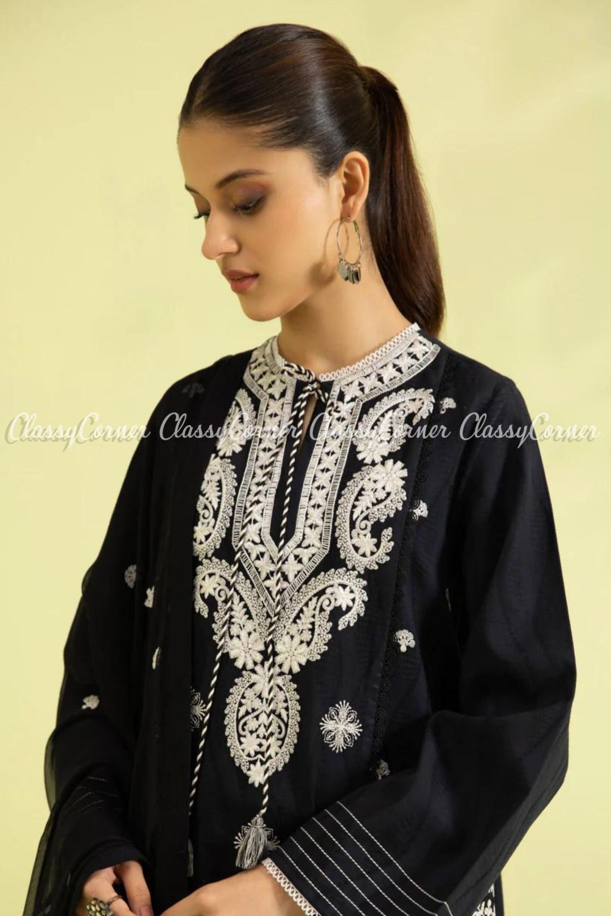 Pakistani Black White Cotton Embroidered Salwar Kameez