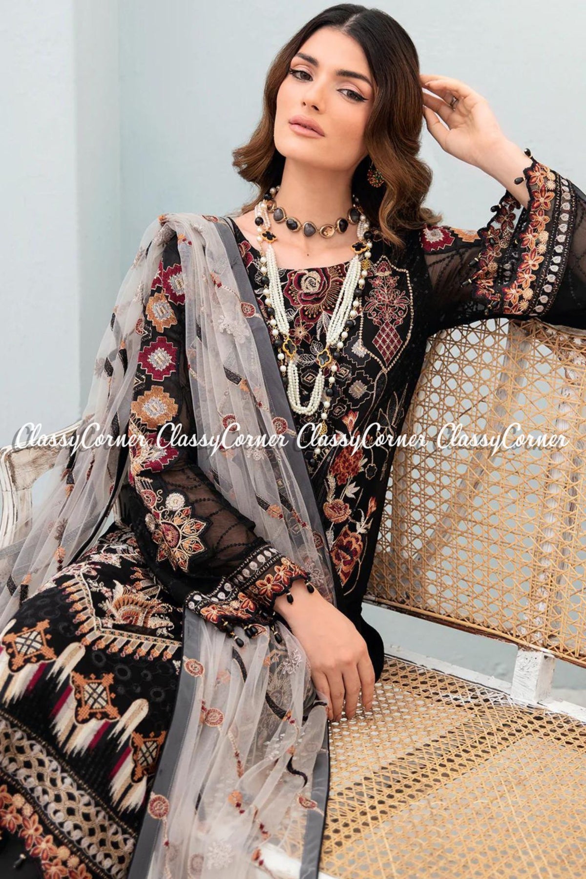 Black Chiffon Embroidered Party Wear Salwar Kameez