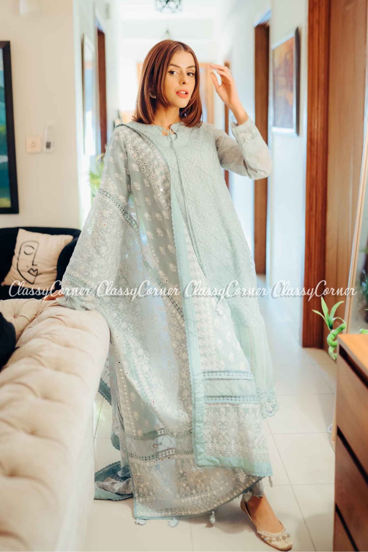 Coral Blue Cotton Net Party Wear Salwar Kameez