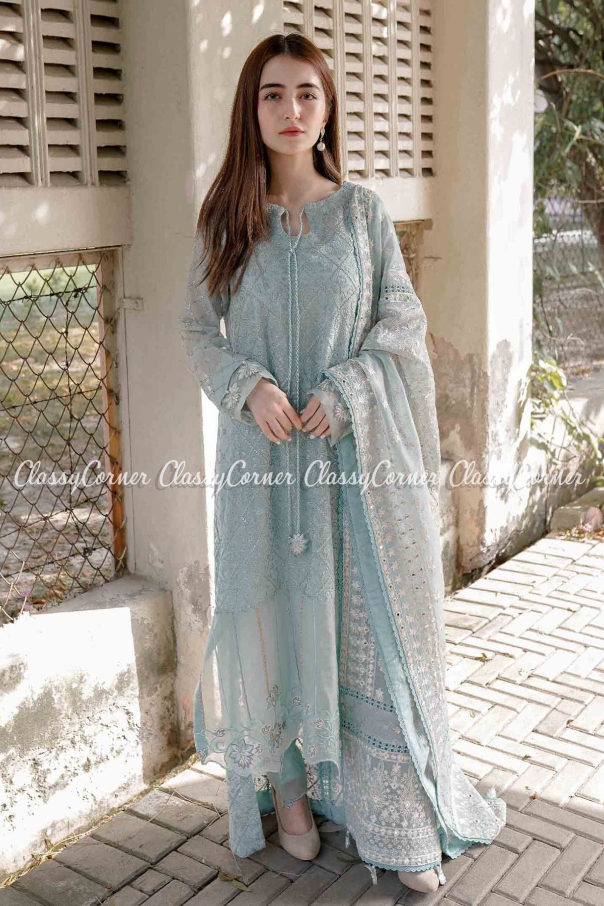 Coral Blue Cotton Net Party Wear Salwar Kameez