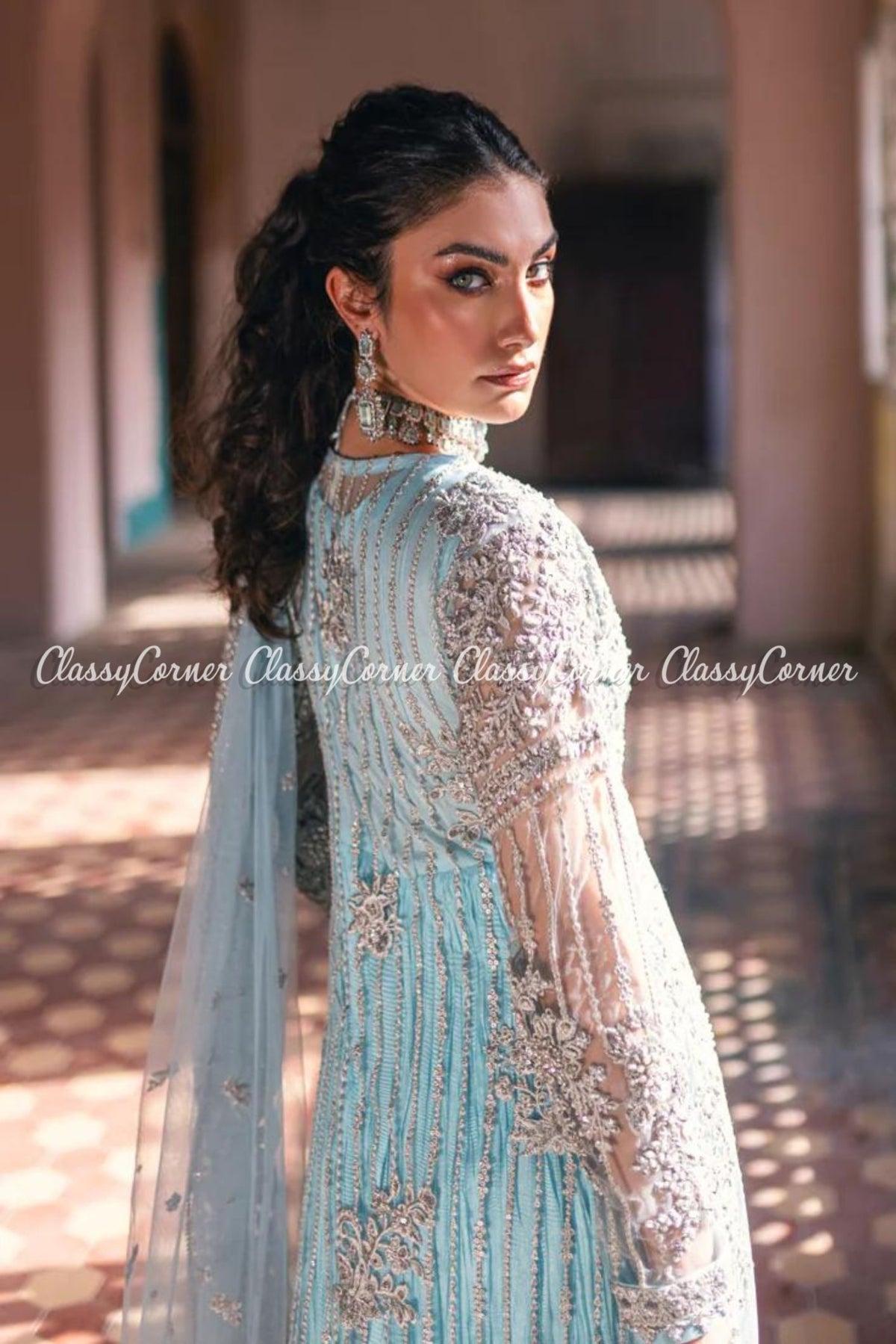 Sky Blue Net Embellished Bridal Wear Gown