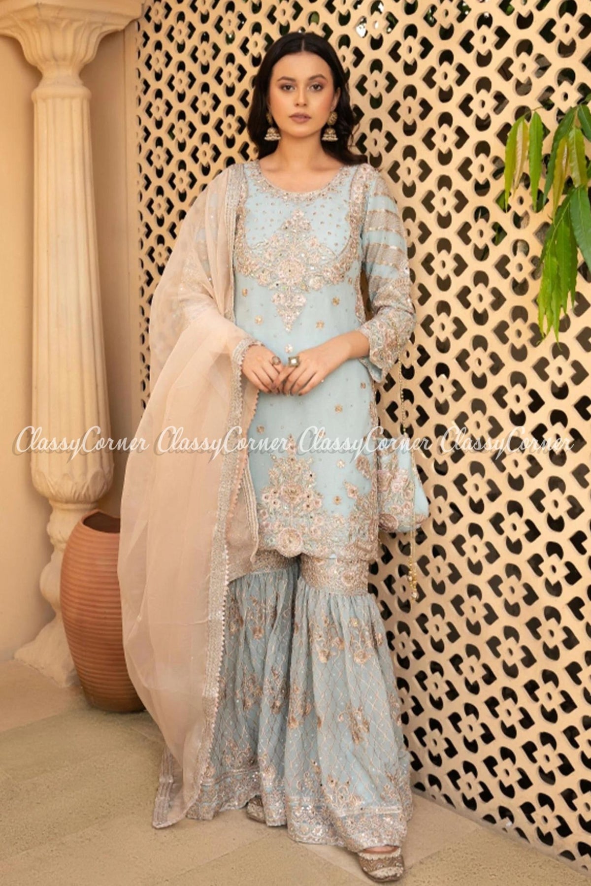 Light Blue Golden Chiffon Embroidered Gharara Outfit