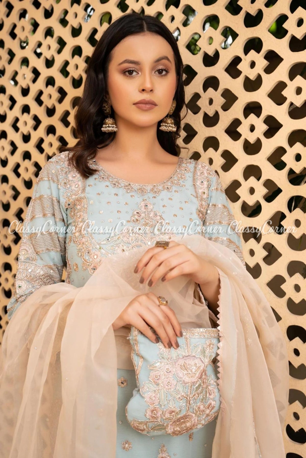 Light Blue Golden Chiffon Embroidered Gharara Outfit