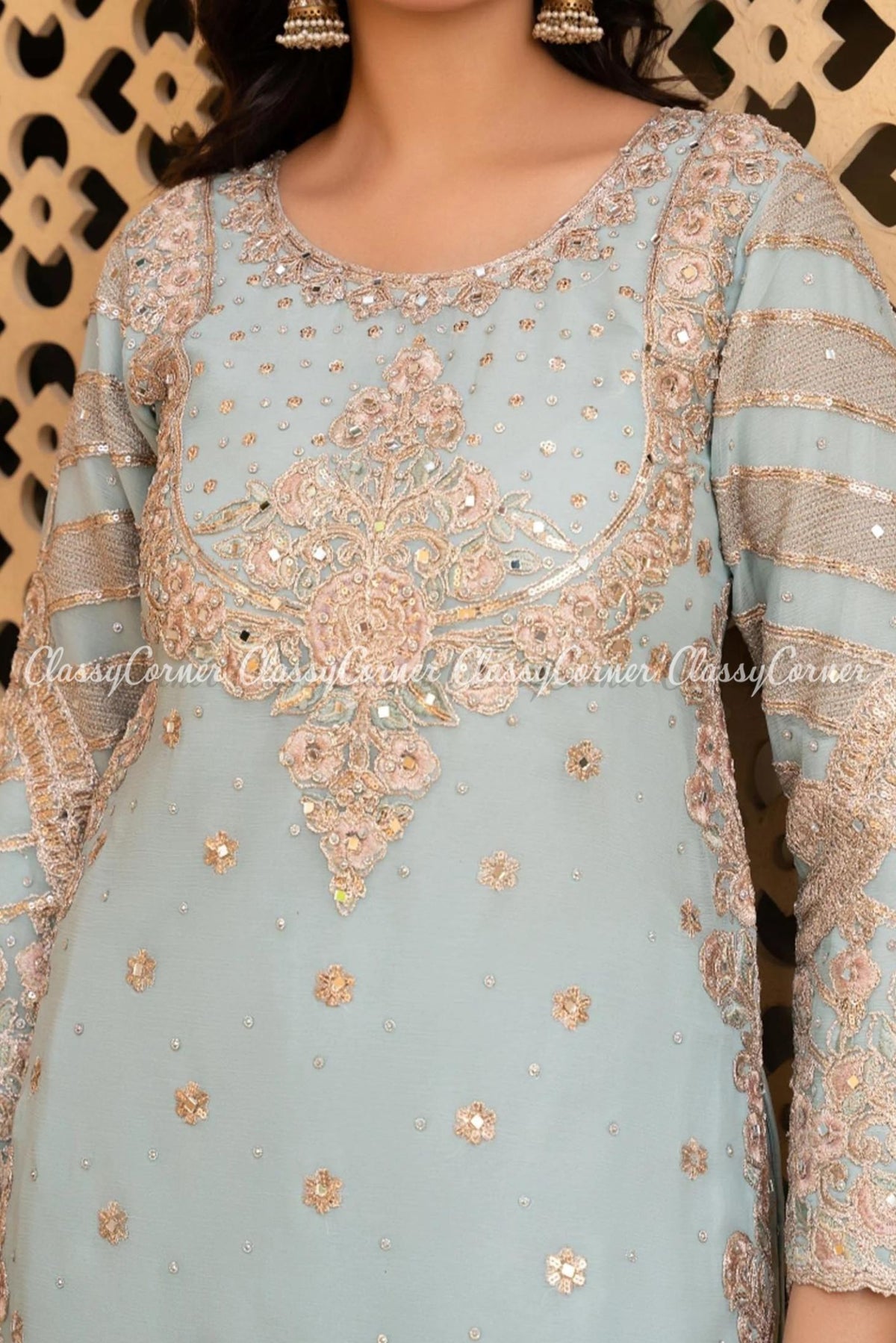 Light Blue Golden Chiffon Embroidered Gharara Outfit