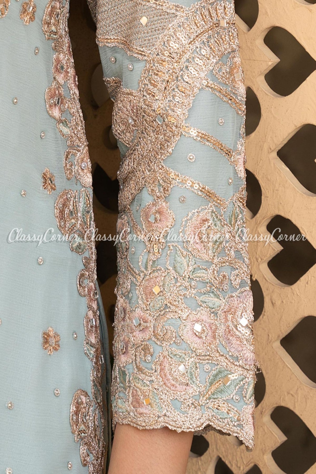 Light Blue Golden Chiffon Embroidered Gharara Outfit