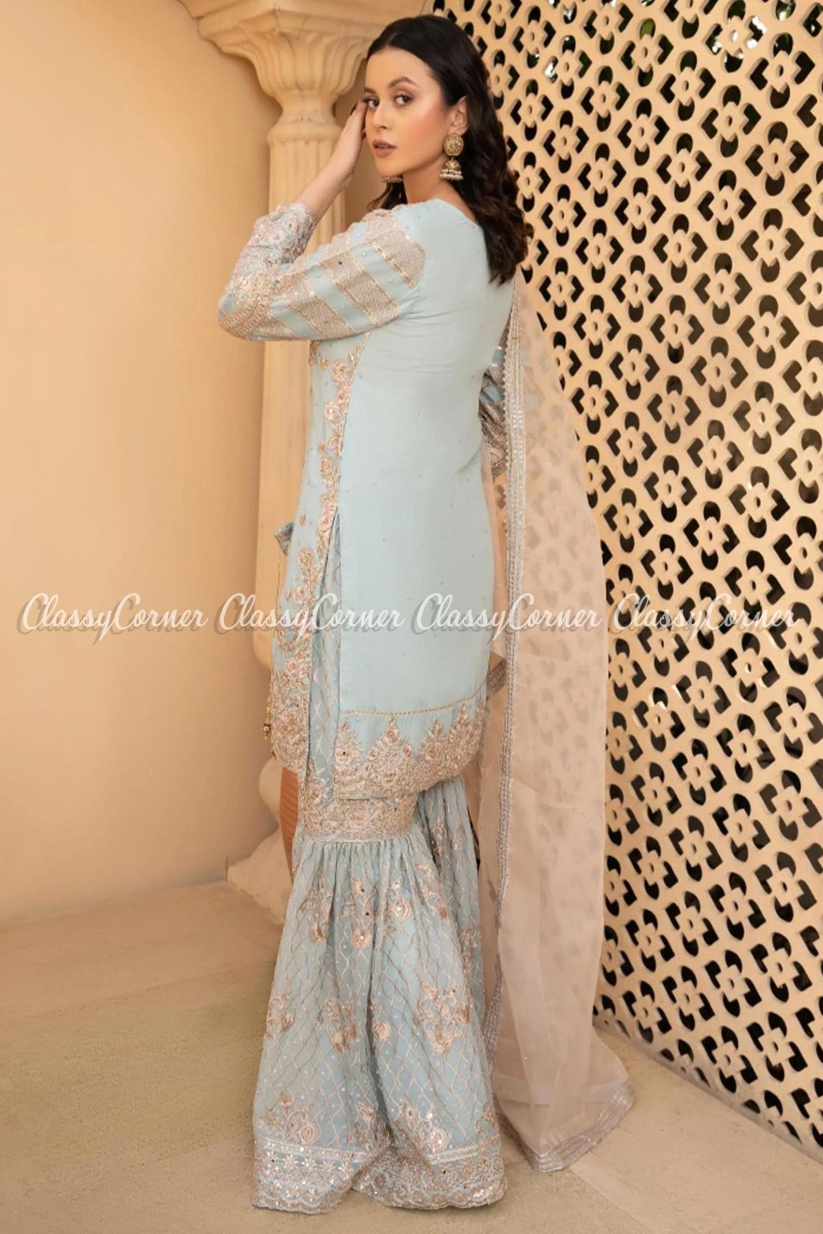 Light Blue Golden Chiffon Embroidered Gharara Outfit