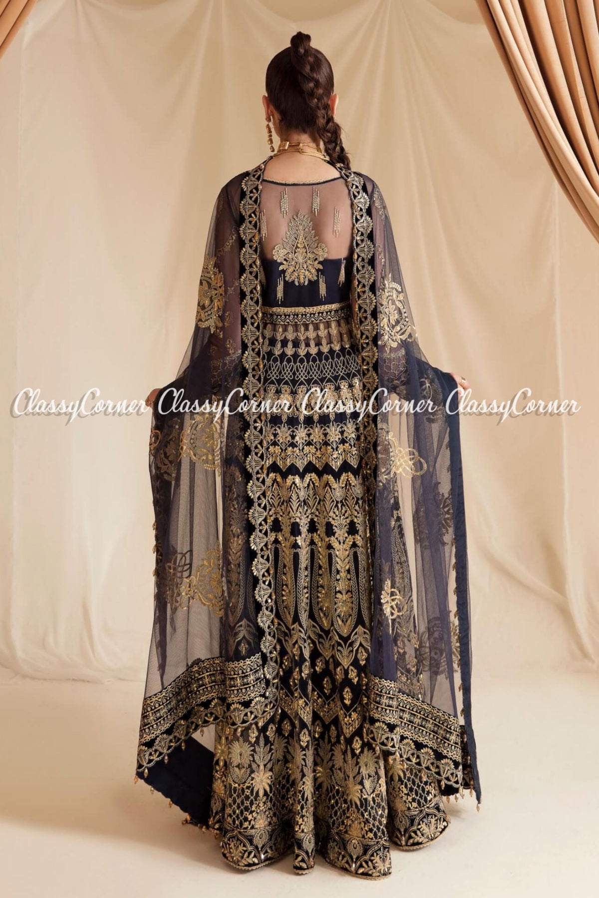 Dark Blue Golden Chiffon Embroidered Party Wear Gown