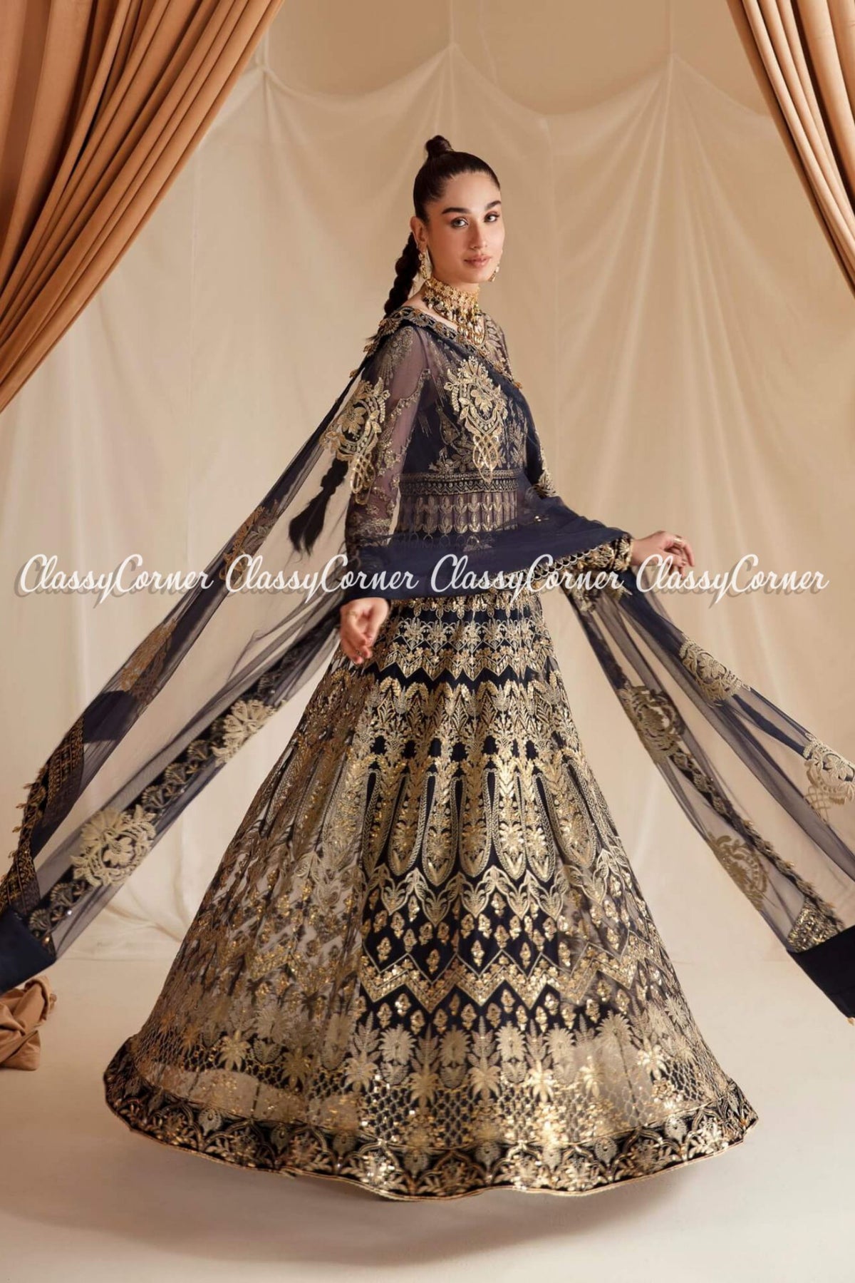 Dark Blue Golden Chiffon Embroidered Party Wear Gown