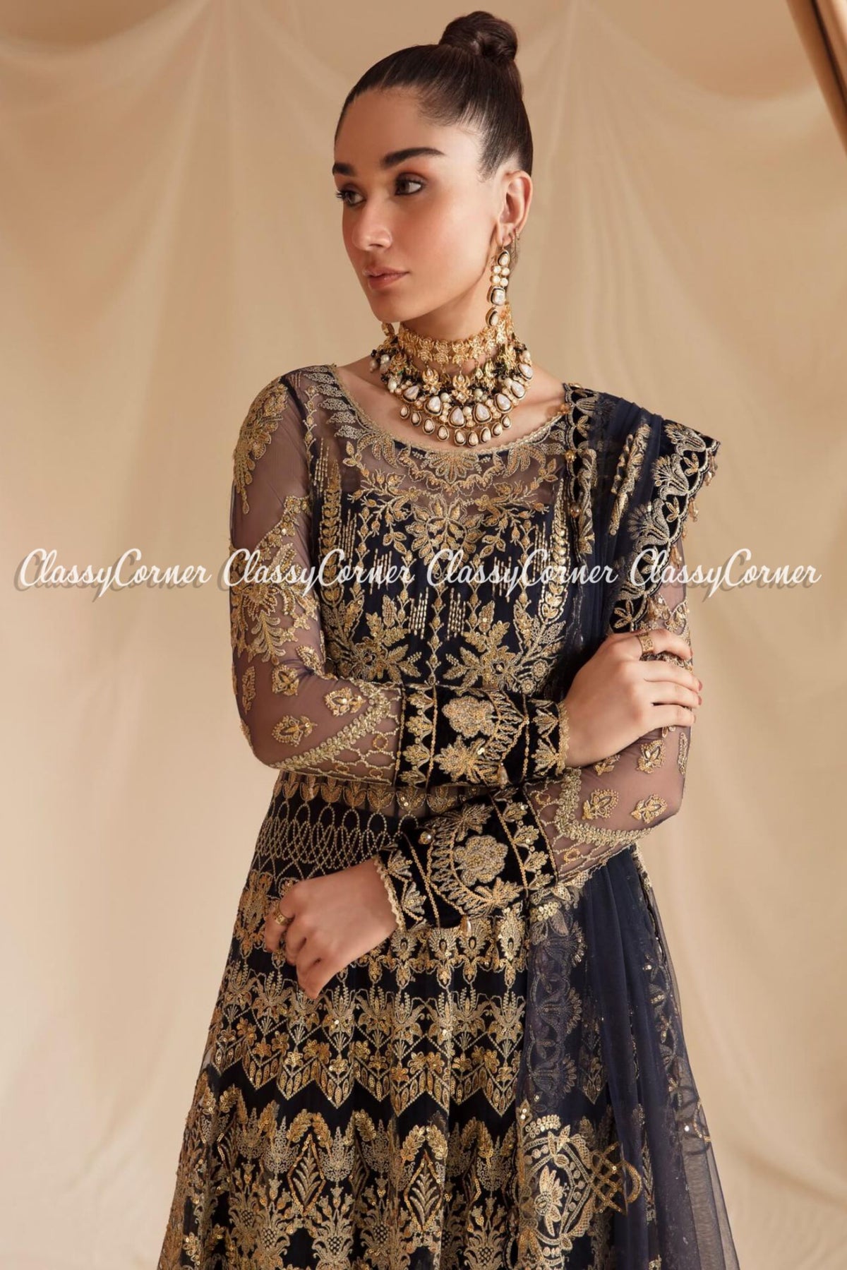 Dark Blue Golden Chiffon Embroidered Party Wear Gown