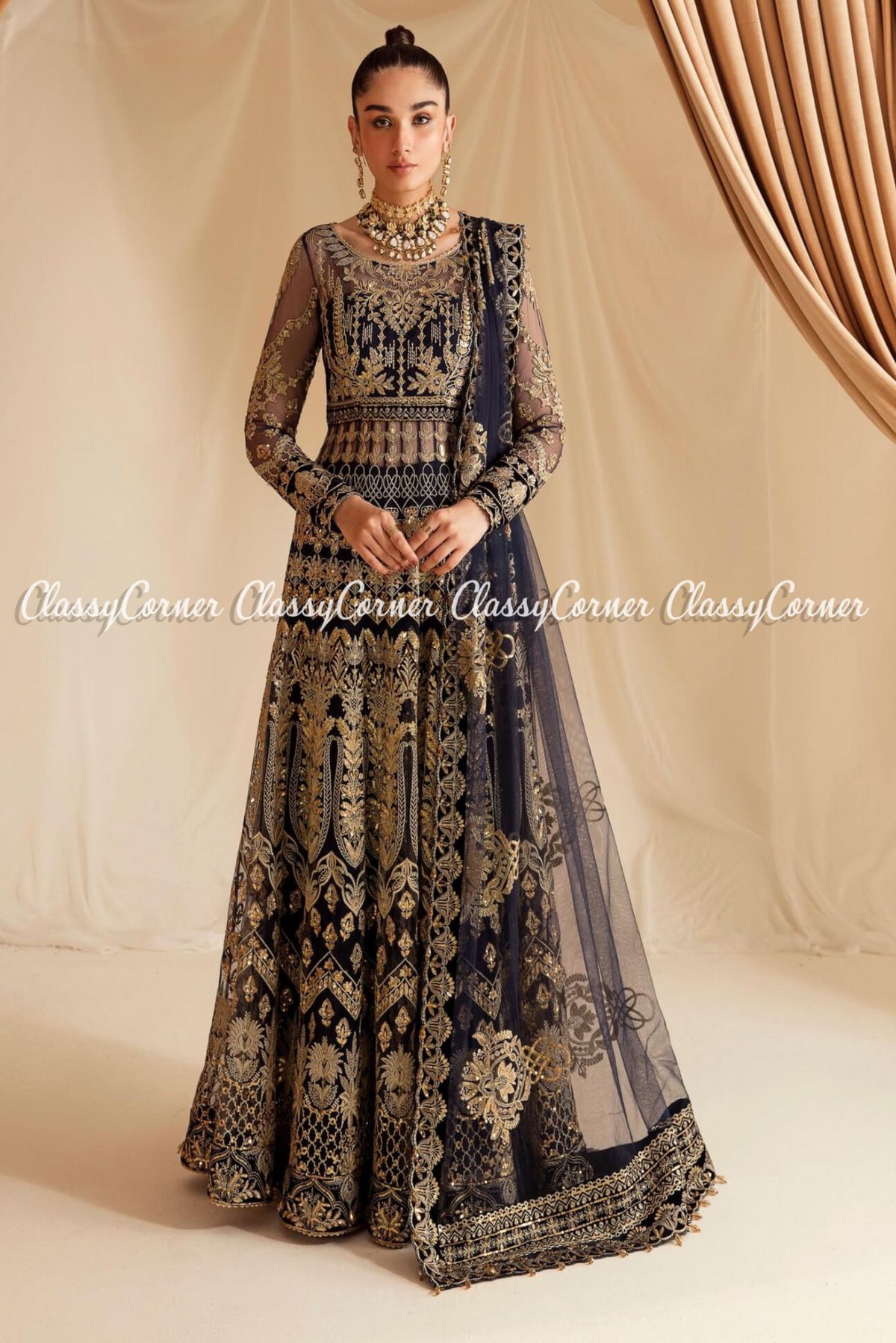 Dark Blue Golden Chiffon Embroidered Party Wear Gown