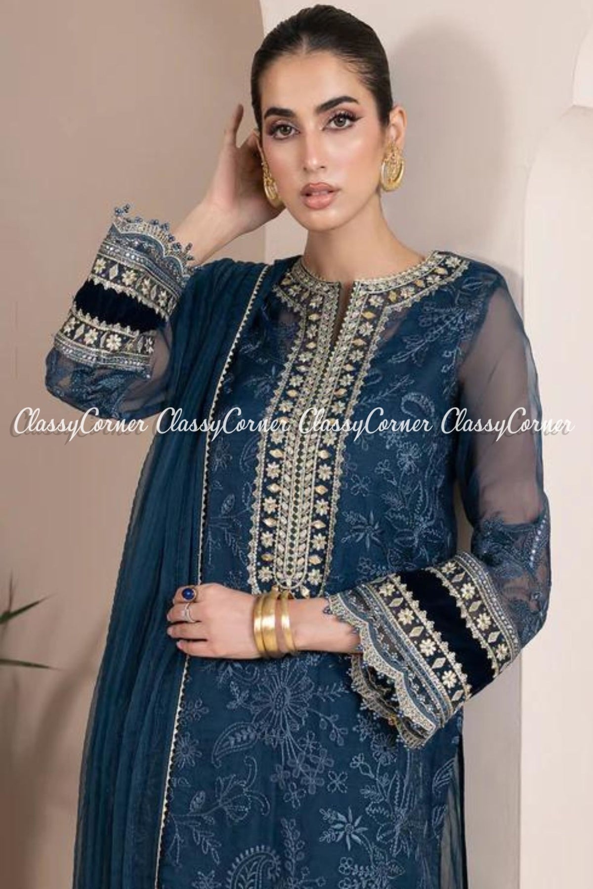 Dark Blue Golden Organza Embroidered 3PC Outfit