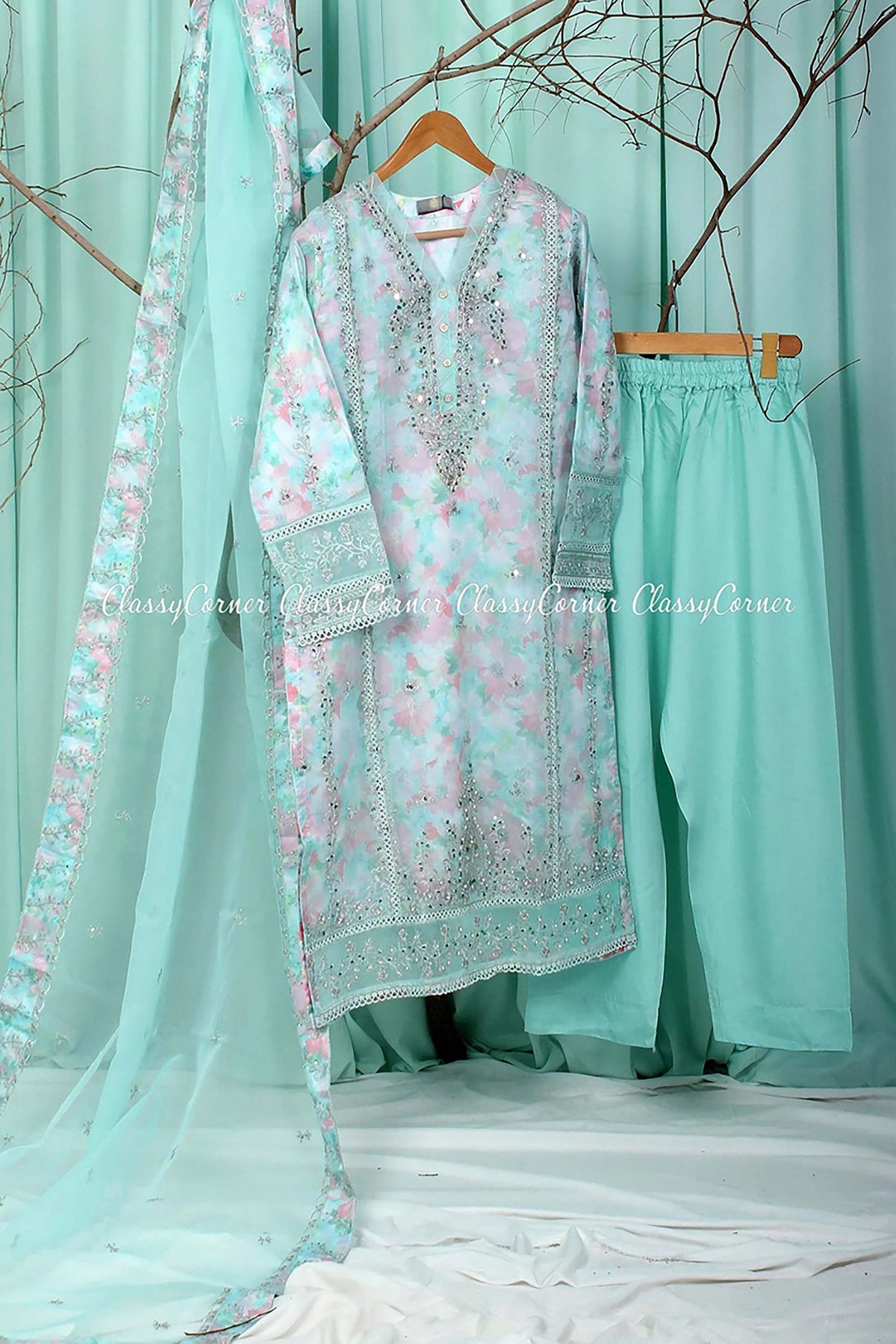 Blue Organza Pakistani Shalwar Kameez