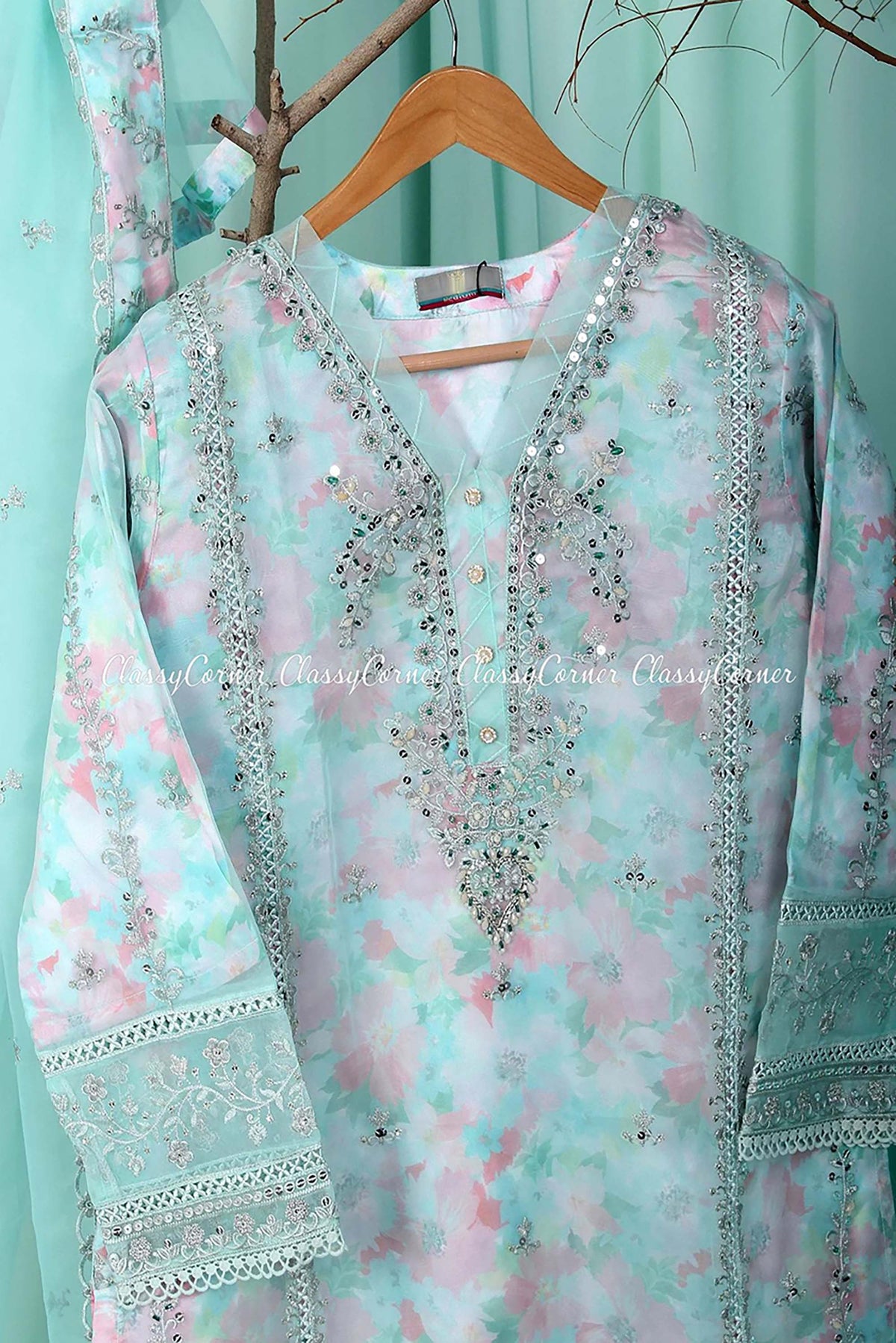 Blue Organza Pakistani Shalwar Kameez