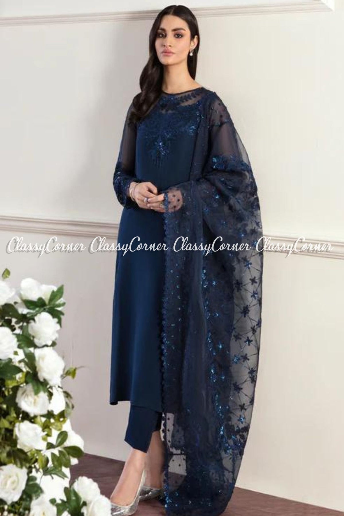 Dark Blue Chiffon Embroidered Party Wear Salwar Kameez