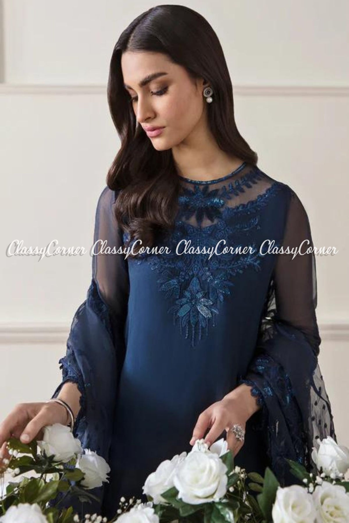 Dark Blue Chiffon Embroidered Party Wear Salwar Kameez